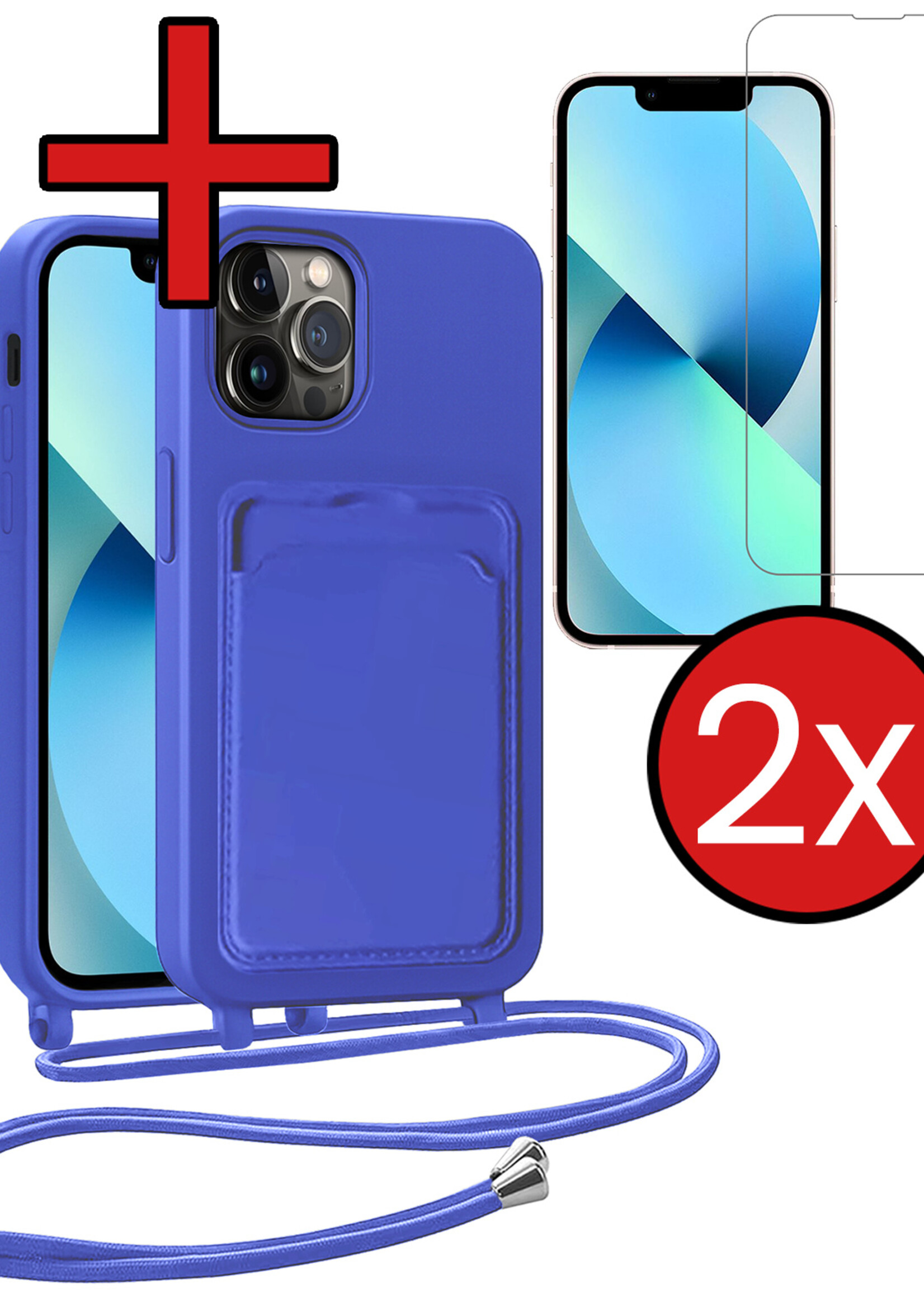 BTH BTH iPhone 13 Pro Max Hoesje Pashouder met Koord Met 2x Screenprotector - Fel Blauw