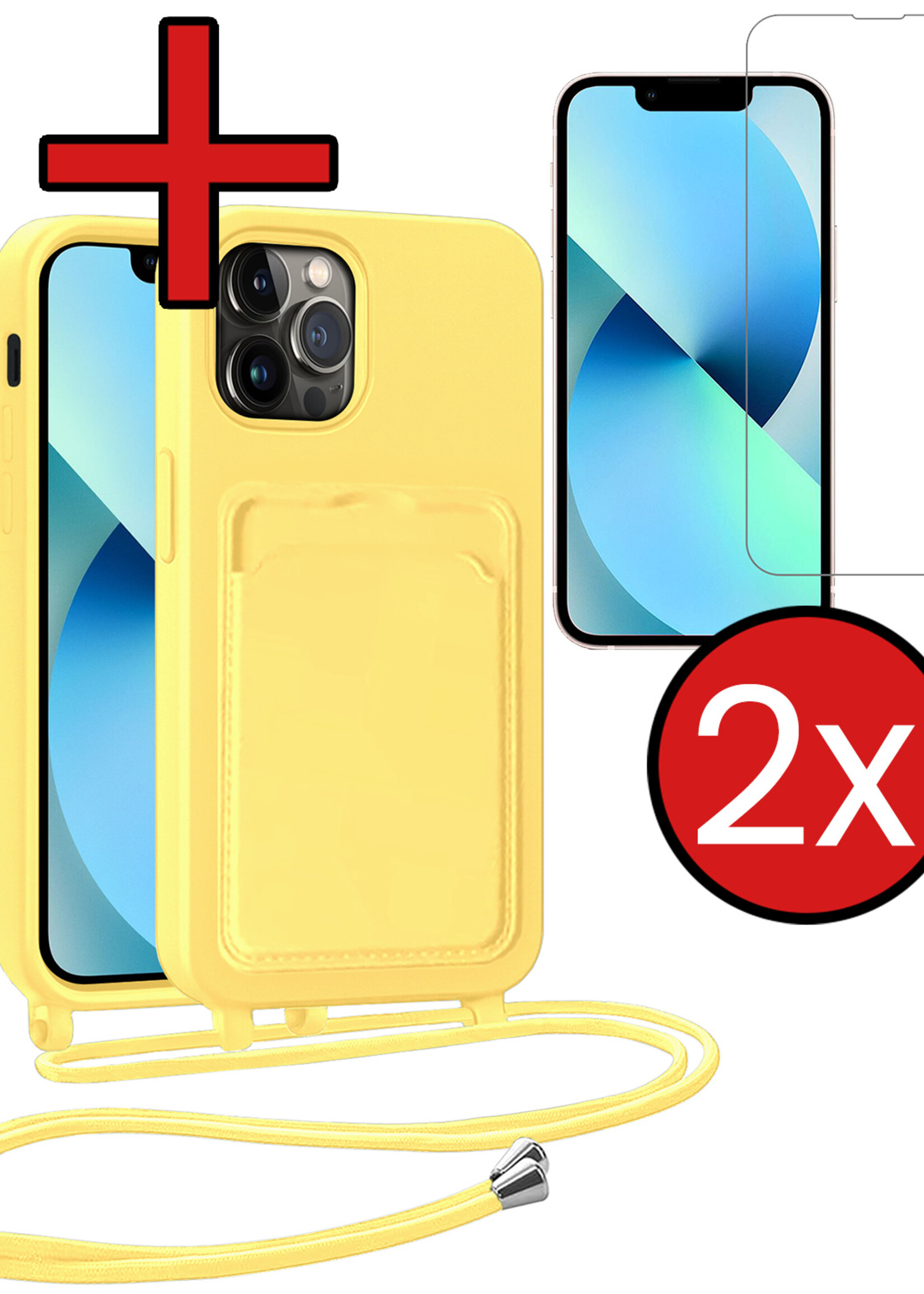 BTH BTH iPhone 13 Pro Max Hoesje Pashouder met Koord Met 2x Screenprotector - Geel
