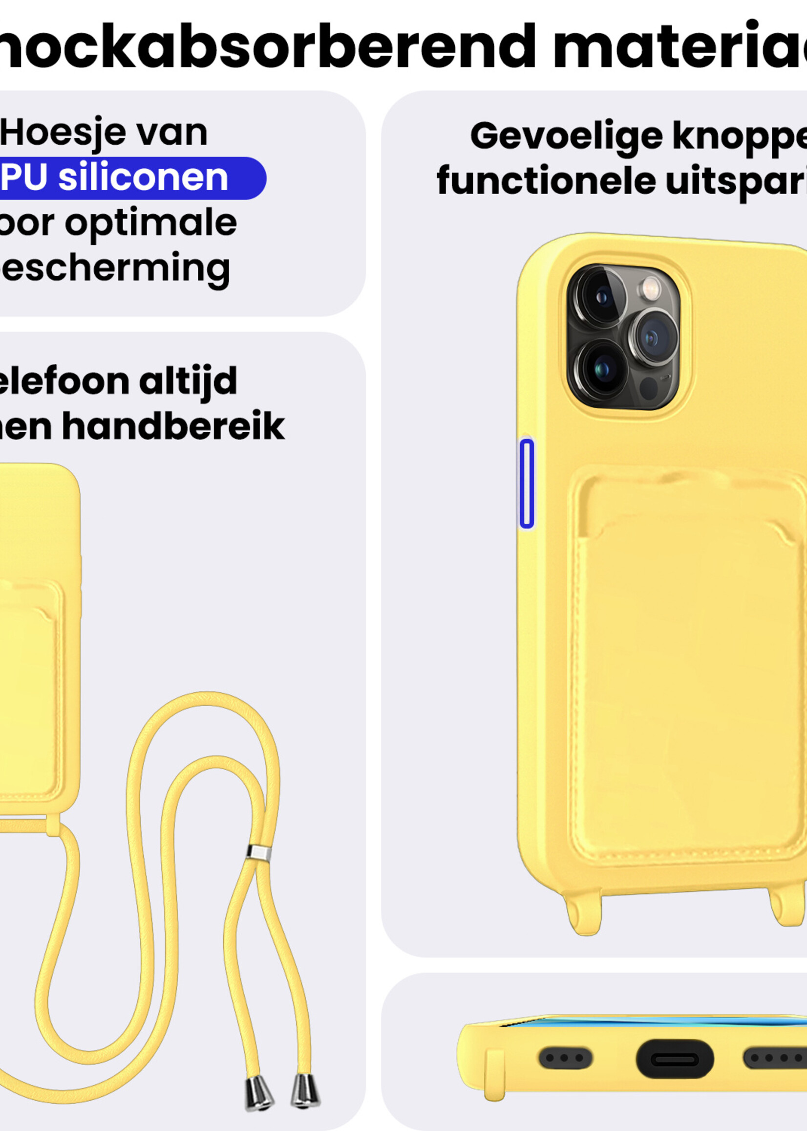 BTH BTH iPhone 13 Pro Max Hoesje Pashouder met Koord Met 2x Screenprotector - Geel