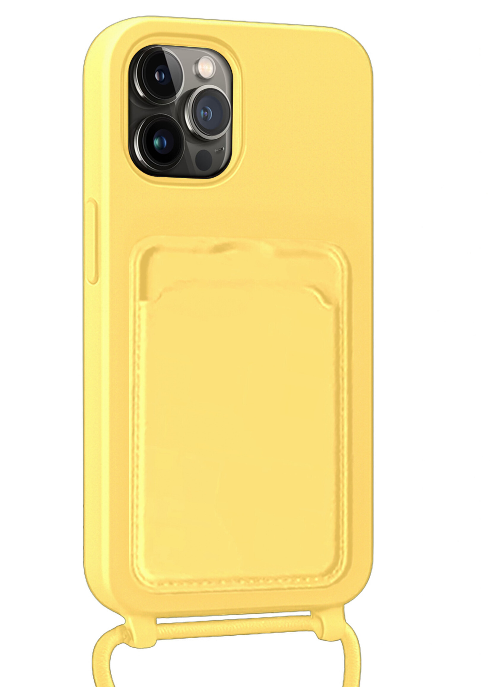 BTH BTH iPhone 13 Pro Max Hoesje Pashouder met Koord Met 2x Screenprotector - Geel