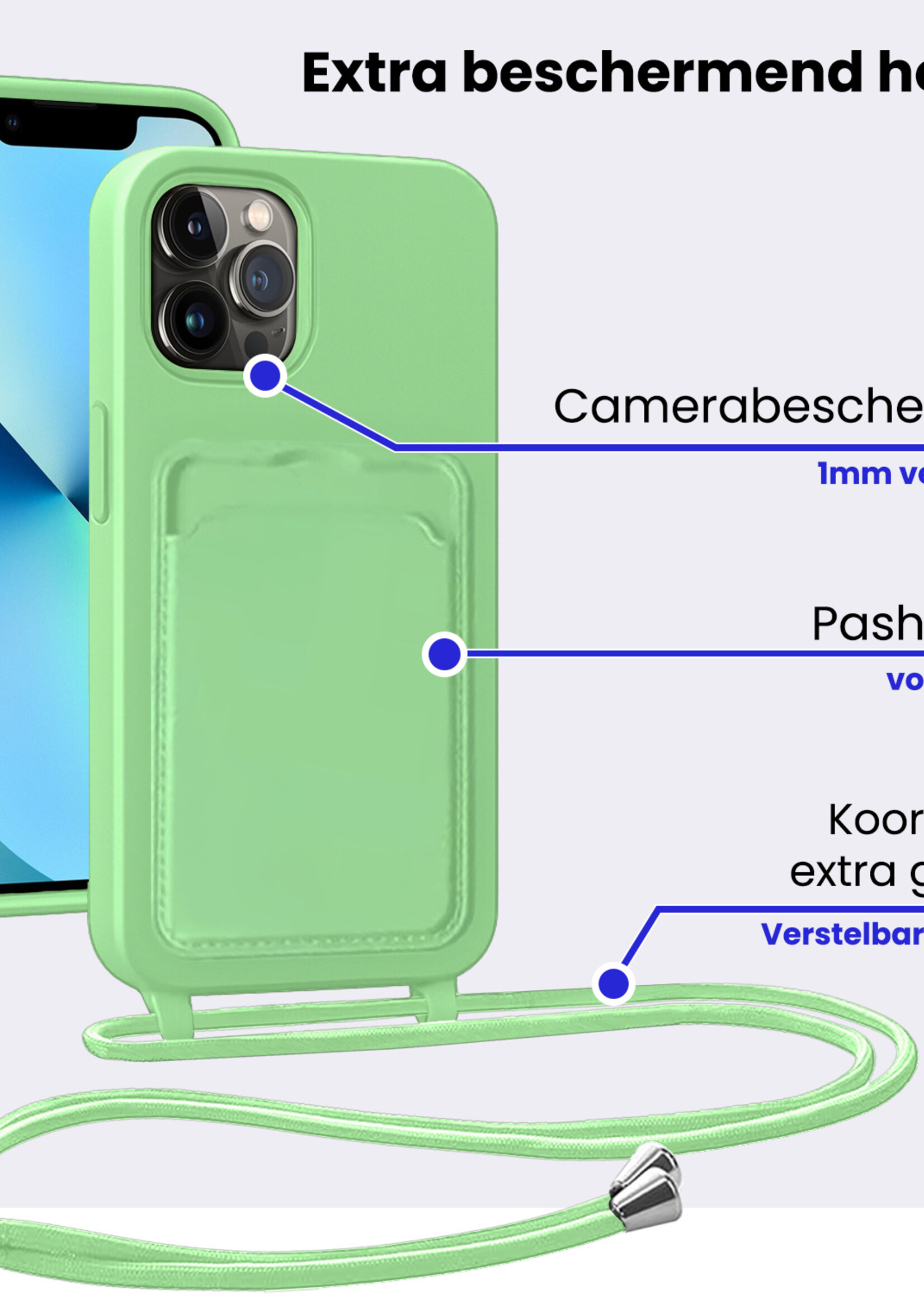 BTH BTH iPhone 13 Pro Max Hoesje Pashouder met Koord Met Screenprotector - Groen