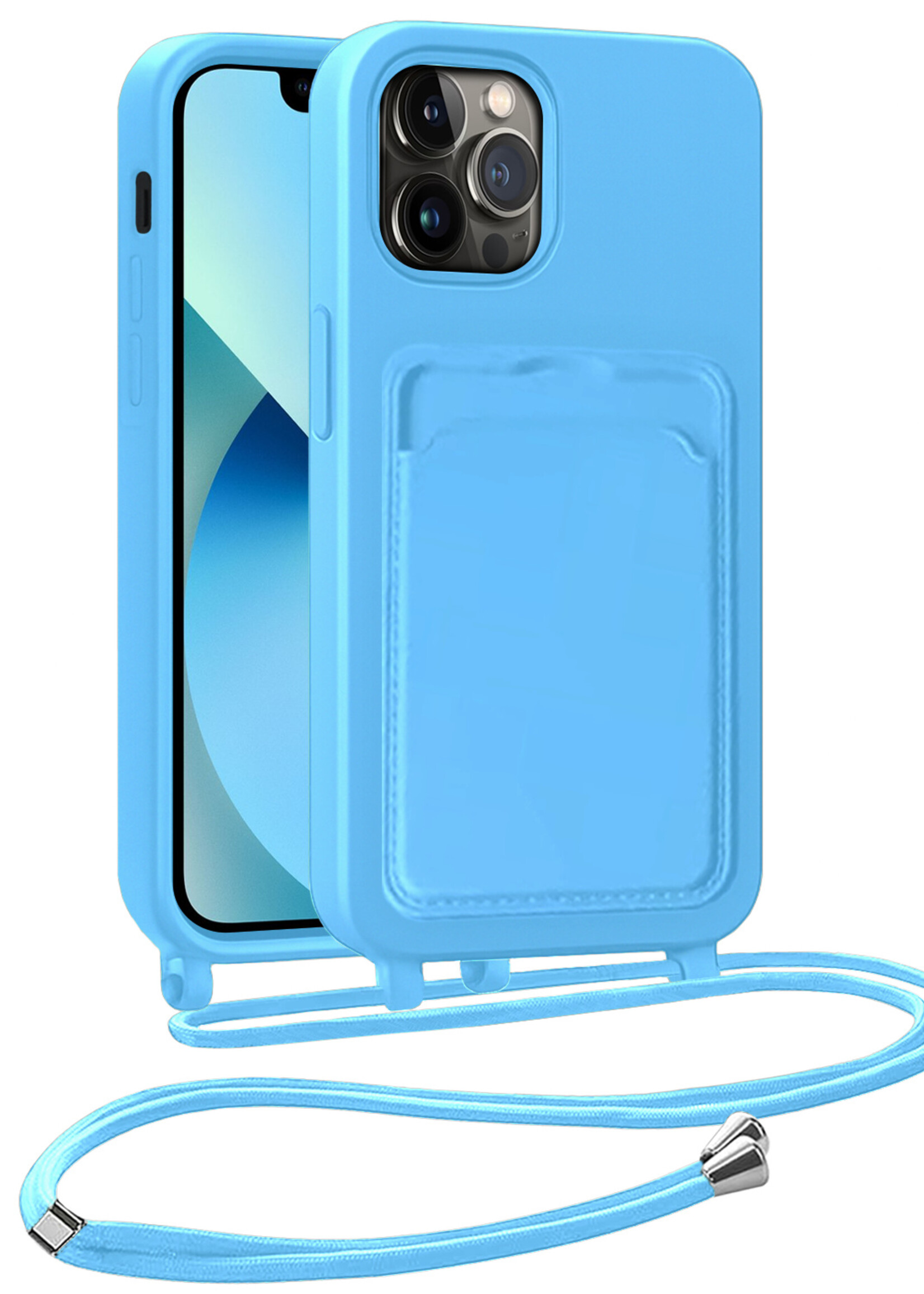 BTH BTH iPhone 13 Pro Max Hoesje Pashouder met Koord - Lichtblauw
