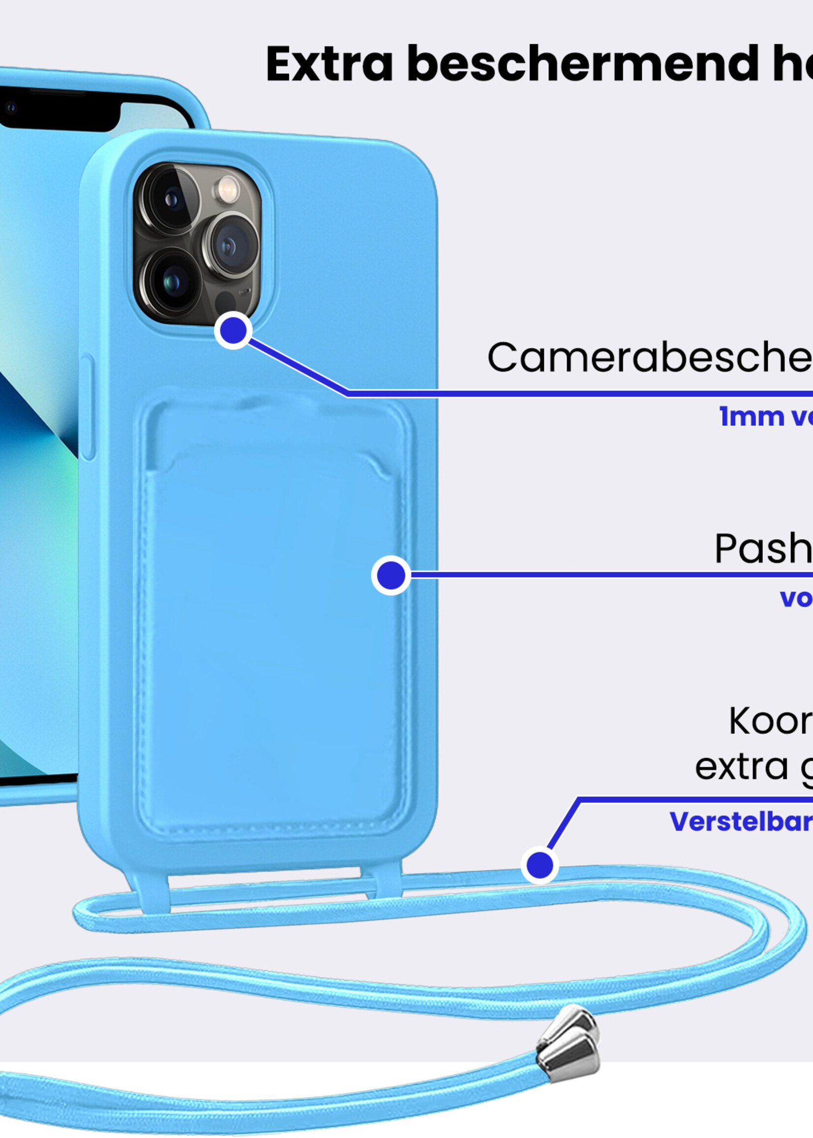 BTH BTH iPhone 13 Pro Max Hoesje Pashouder met Koord - Lichtblauw