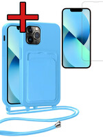 BTH BTH iPhone 13 Pro Max Hoesje Pashouder met Koord Met Screenprotector - Lichtblauw