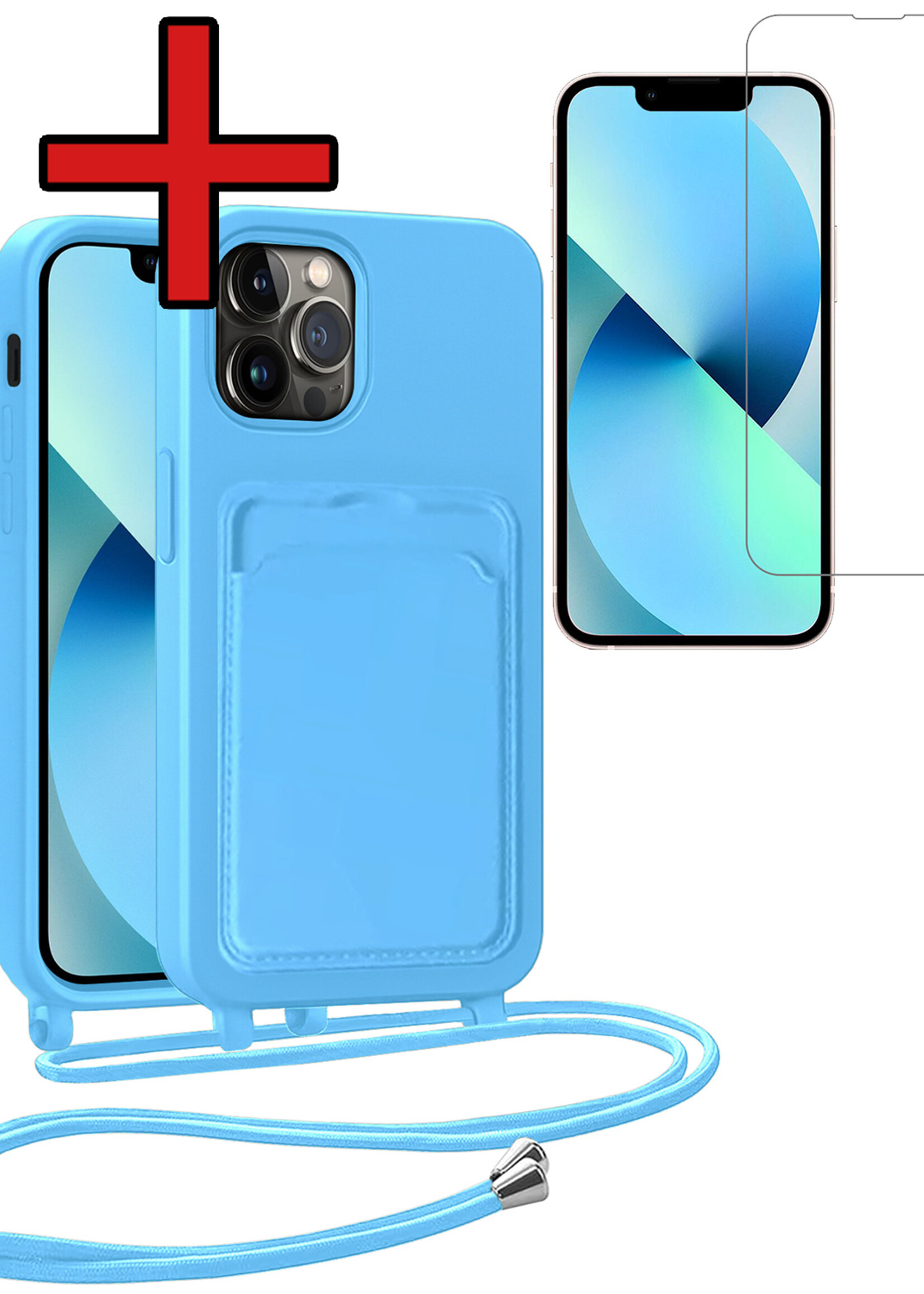BTH BTH iPhone 13 Pro Max Hoesje Pashouder met Koord Met Screenprotector - Lichtblauw