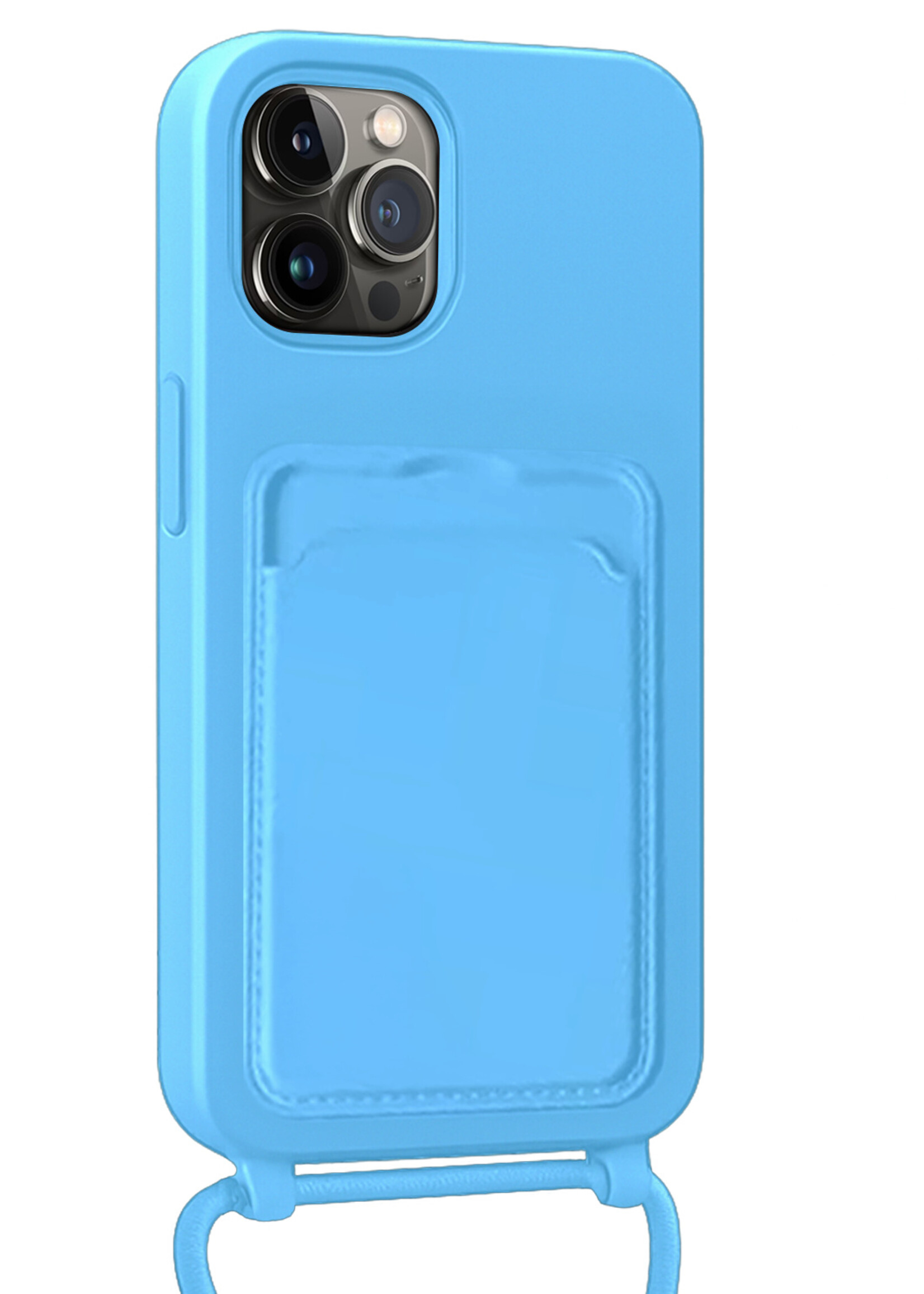BTH BTH iPhone 13 Pro Max Hoesje Pashouder met Koord Met Screenprotector - Lichtblauw