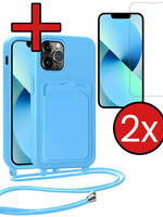 BTH BTH iPhone 13 Pro Max Hoesje Pashouder met Koord Met 2x Screenprotector - Lichtblauw