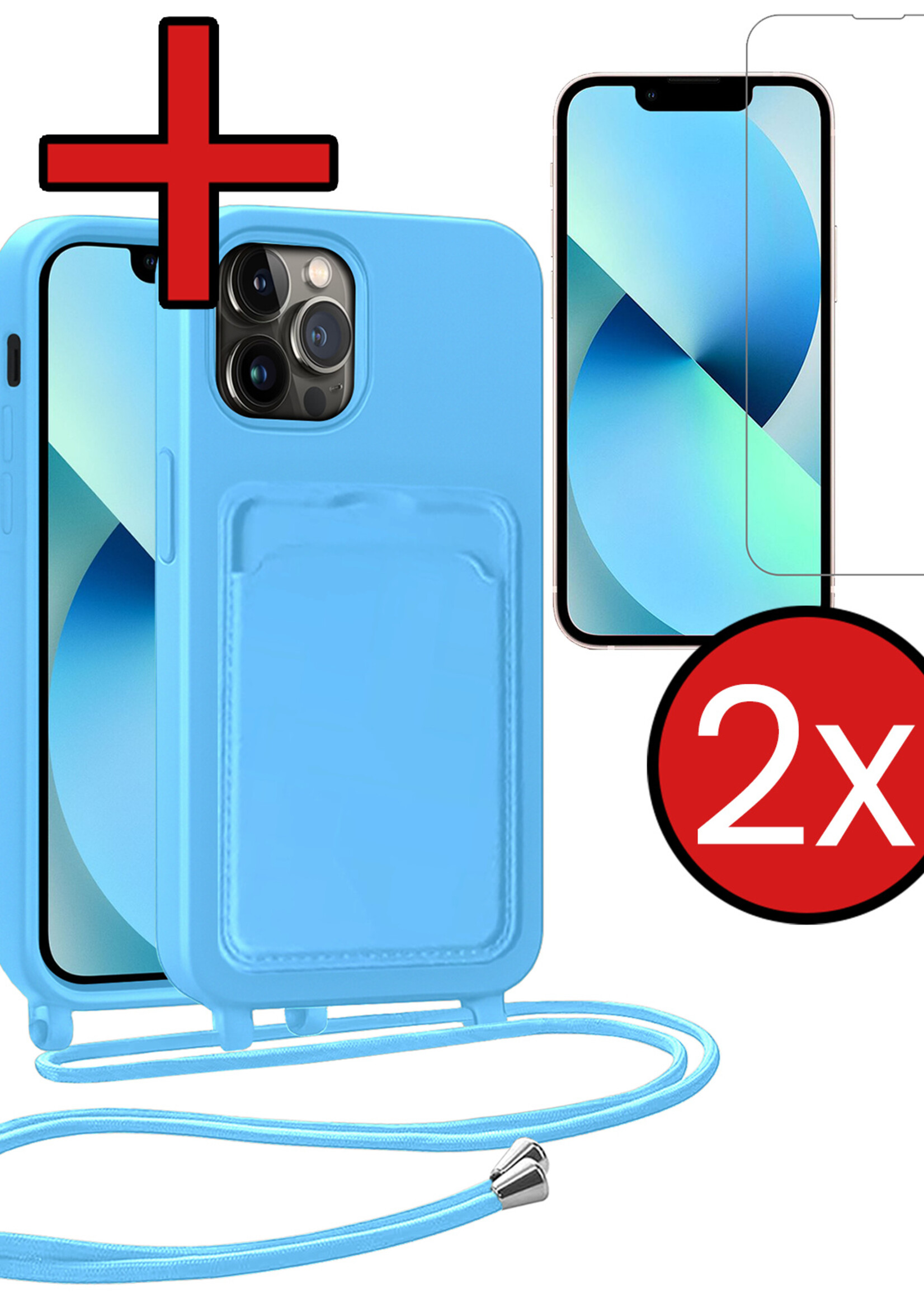 BTH BTH iPhone 13 Pro Max Hoesje Pashouder met Koord Met 2x Screenprotector - Lichtblauw