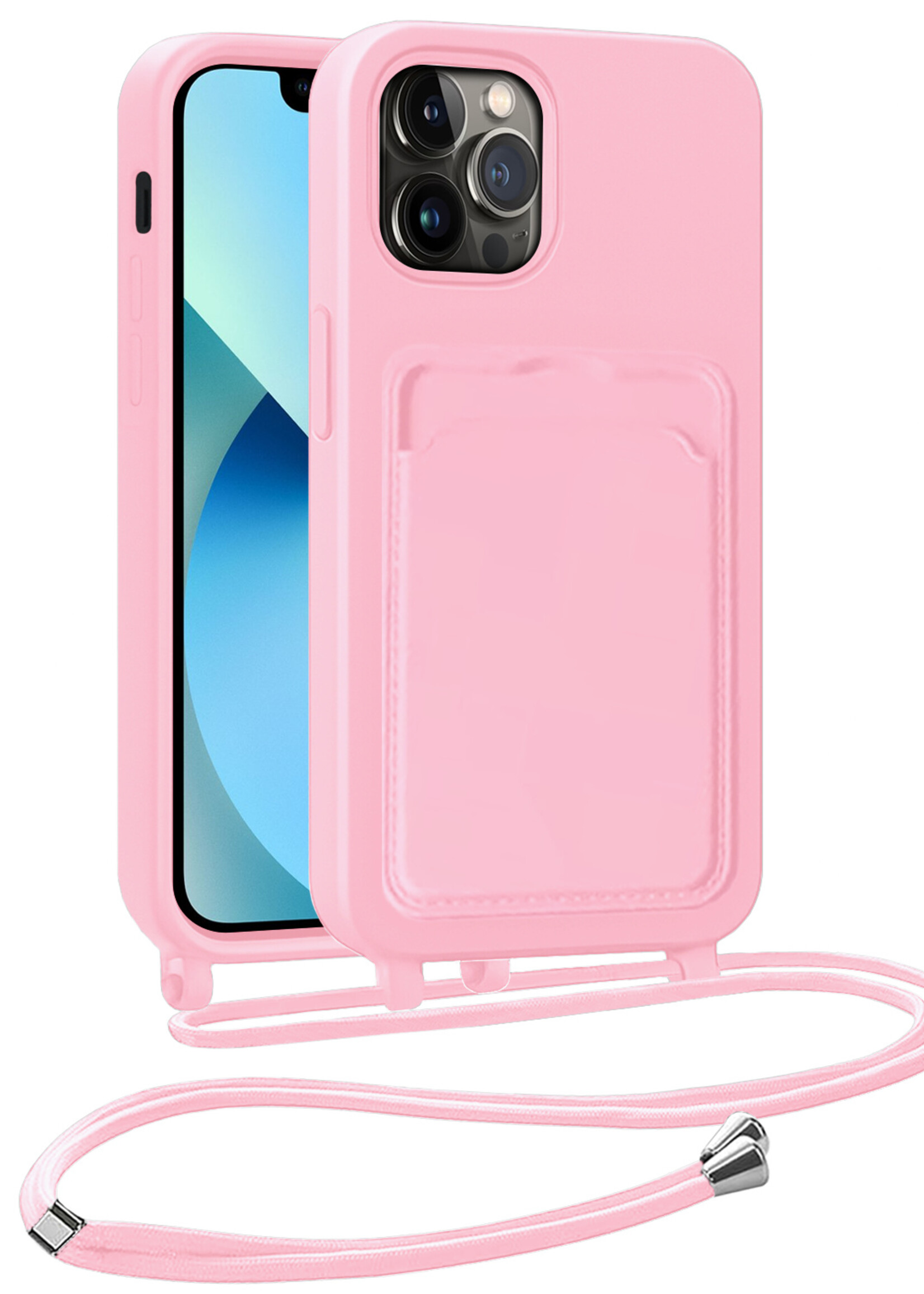 BTH BTH iPhone 13 Pro Max Hoesje Pashouder met Koord - Lichtroze