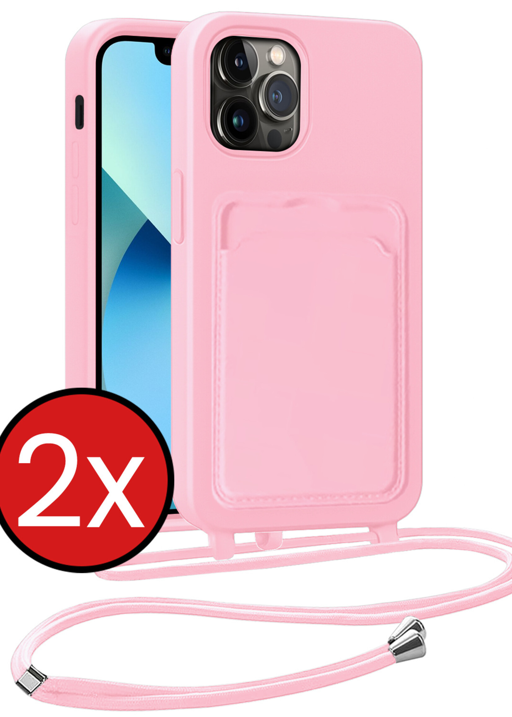 BTH BTH iPhone 13 Pro Max Hoesje Pashouder met Koord - Lichtroze - 2 PACK