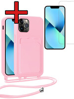 BTH BTH iPhone 13 Pro Max Hoesje Pashouder met Koord Met Screenprotector - Lichtroze