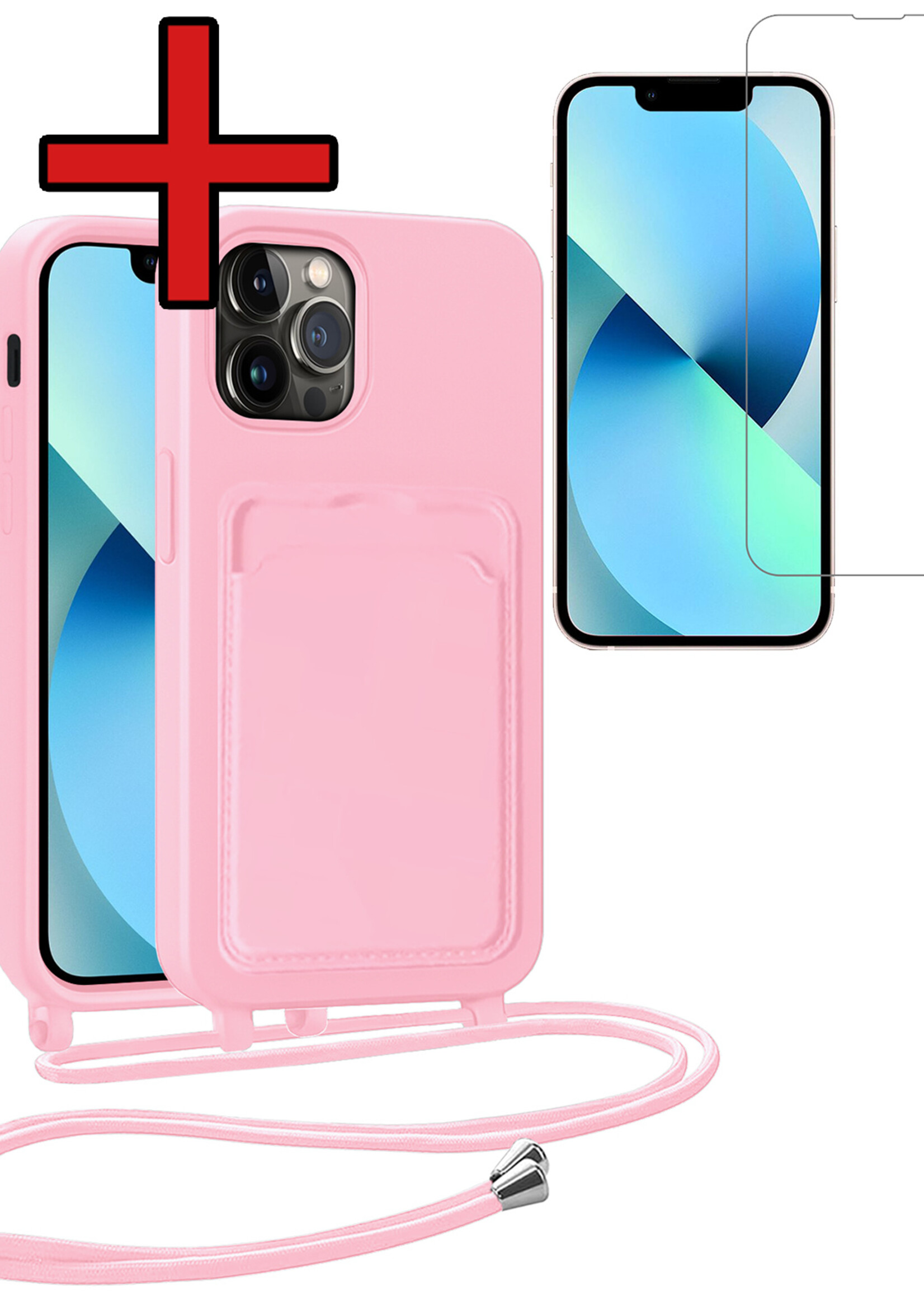 BTH BTH iPhone 13 Pro Max Hoesje Pashouder met Koord Met Screenprotector - Lichtroze