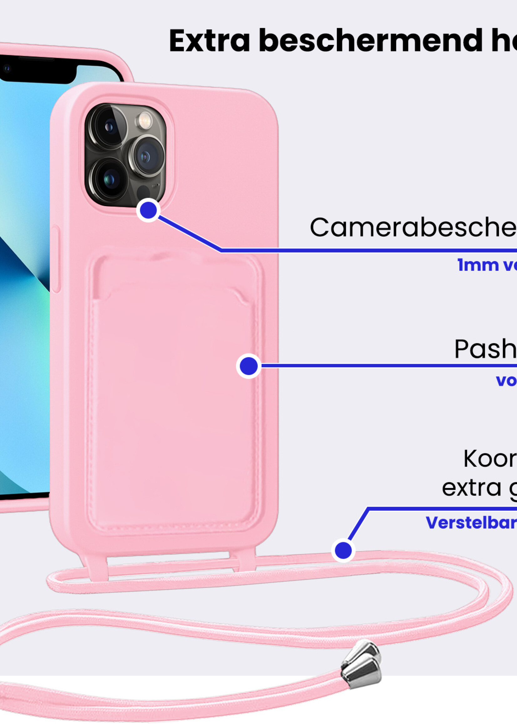 BTH BTH iPhone 13 Pro Max Hoesje Pashouder met Koord Met Screenprotector - Lichtroze