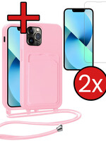 BTH BTH iPhone 13 Pro Max Hoesje Pashouder met Koord Met 2x Screenprotector - Lichtroze
