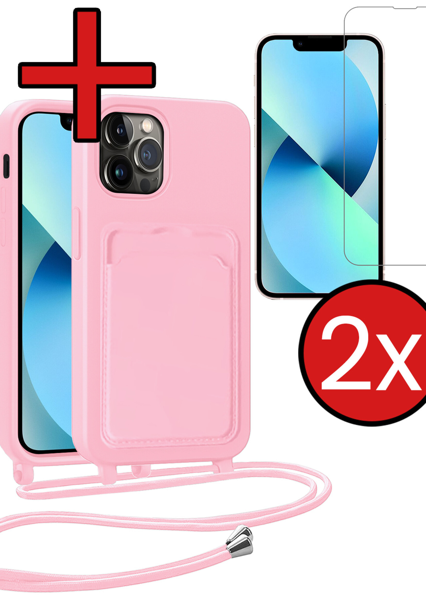 BTH BTH iPhone 13 Pro Max Hoesje Pashouder met Koord Met 2x Screenprotector - Lichtroze