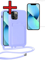 BTH BTH iPhone 13 Pro Max Hoesje Pashouder met Koord Met Screenprotector - Lila