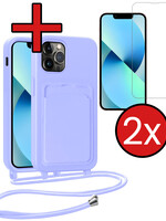 BTH BTH iPhone 13 Pro Max Hoesje Pashouder met Koord Met 2x Screenprotector - Lila