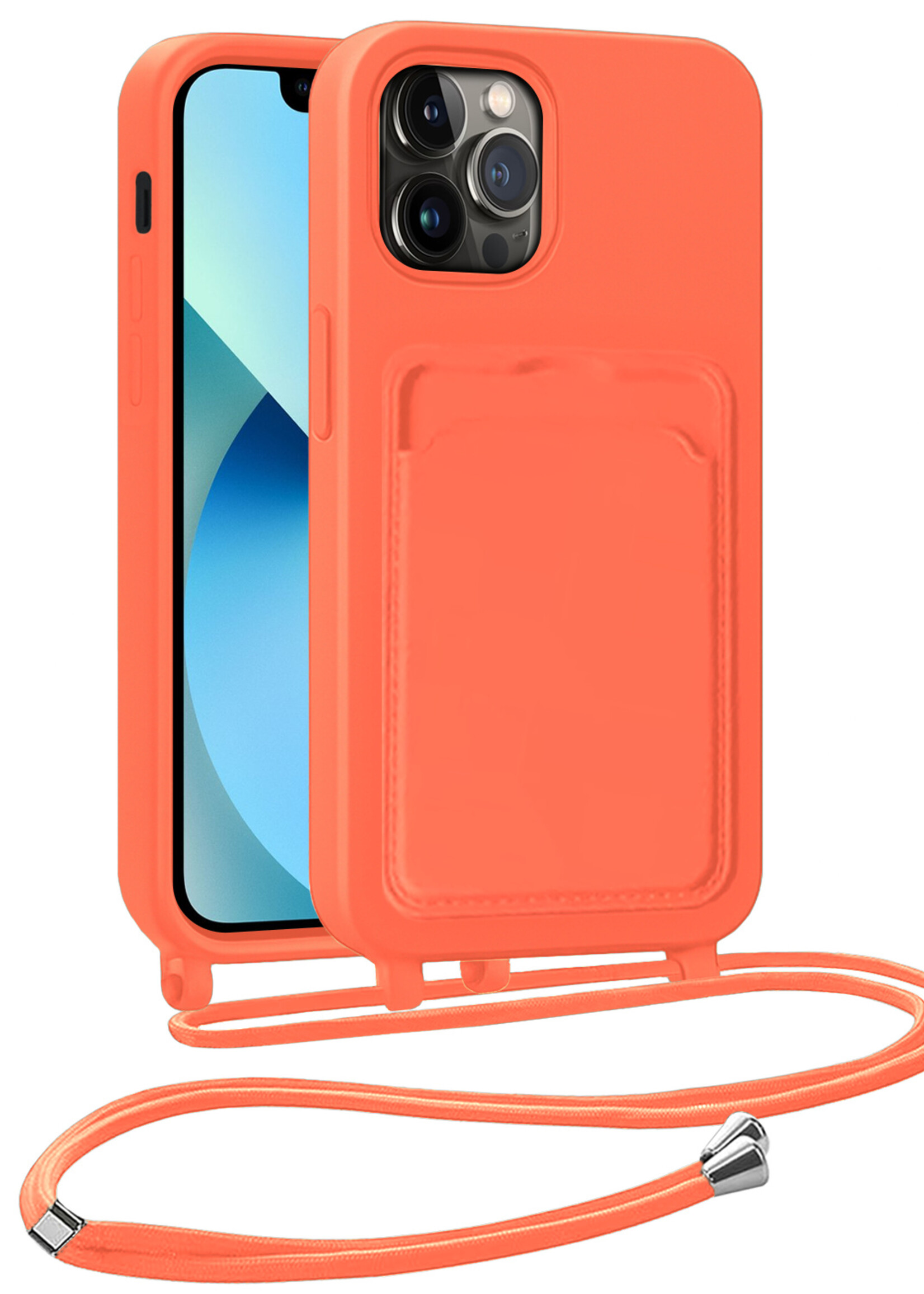 BTH BTH iPhone 13 Pro Max Hoesje Pashouder met Koord - Papaya