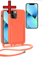 BTH BTH iPhone 13 Pro Max Hoesje Pashouder met Koord Met Screenprotector - Papaya