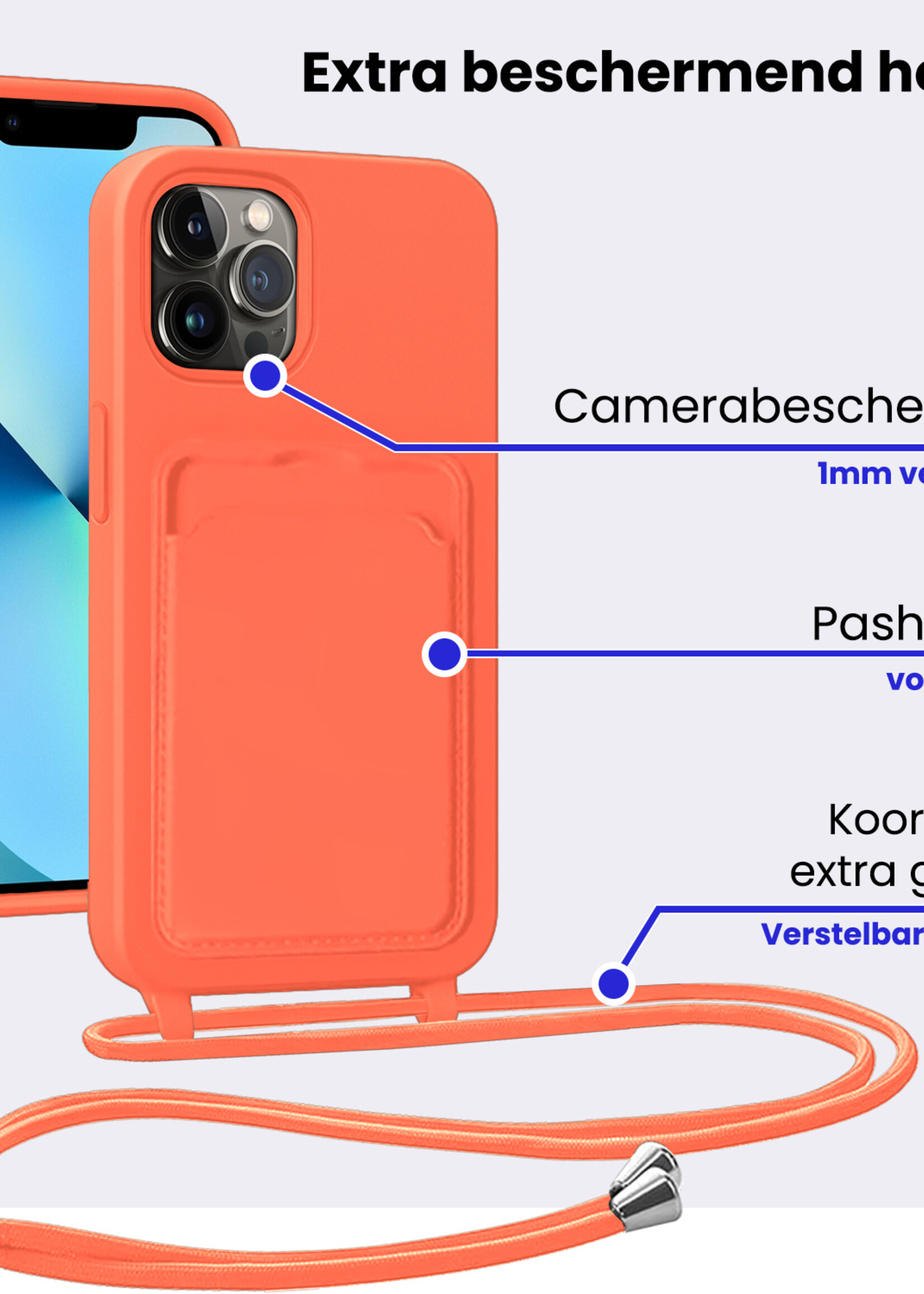 BTH BTH iPhone 13 Pro Max Hoesje Pashouder met Koord Met Screenprotector - Papaya
