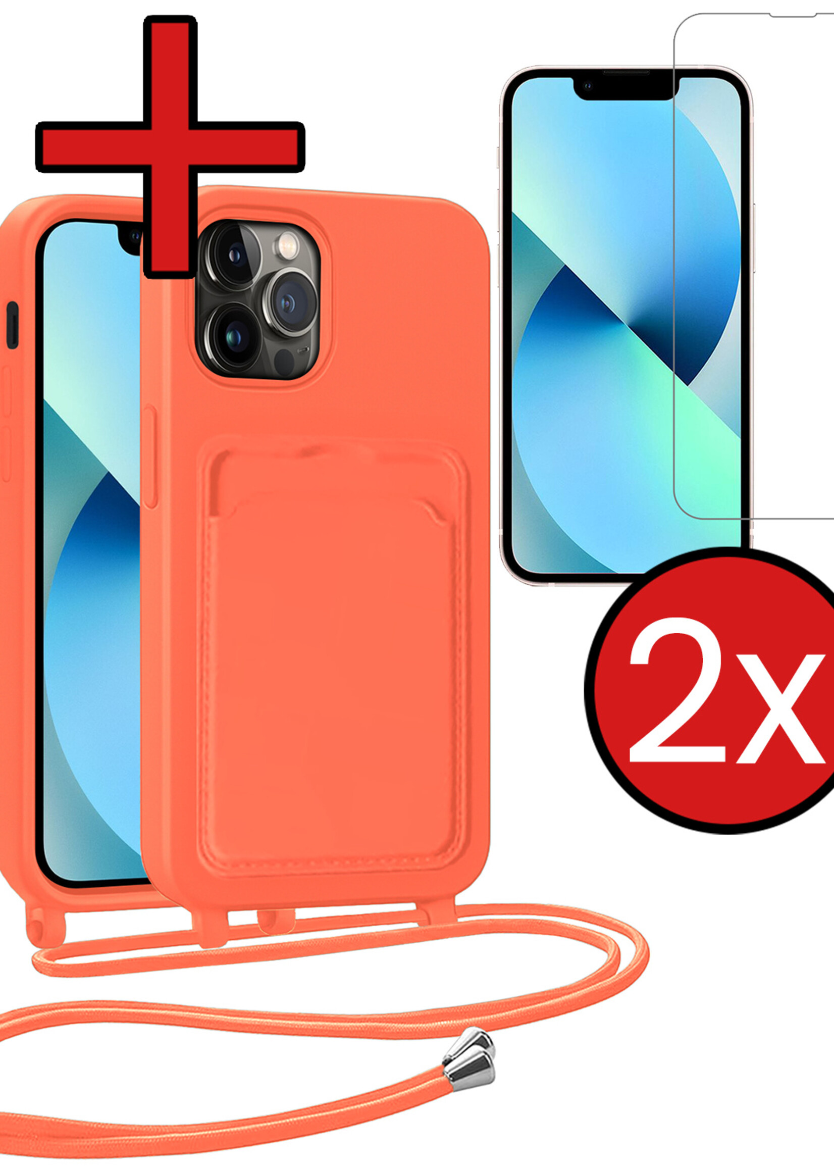 BTH BTH iPhone 13 Pro Max Hoesje Pashouder met Koord Met 2x Screenprotector - Papaya