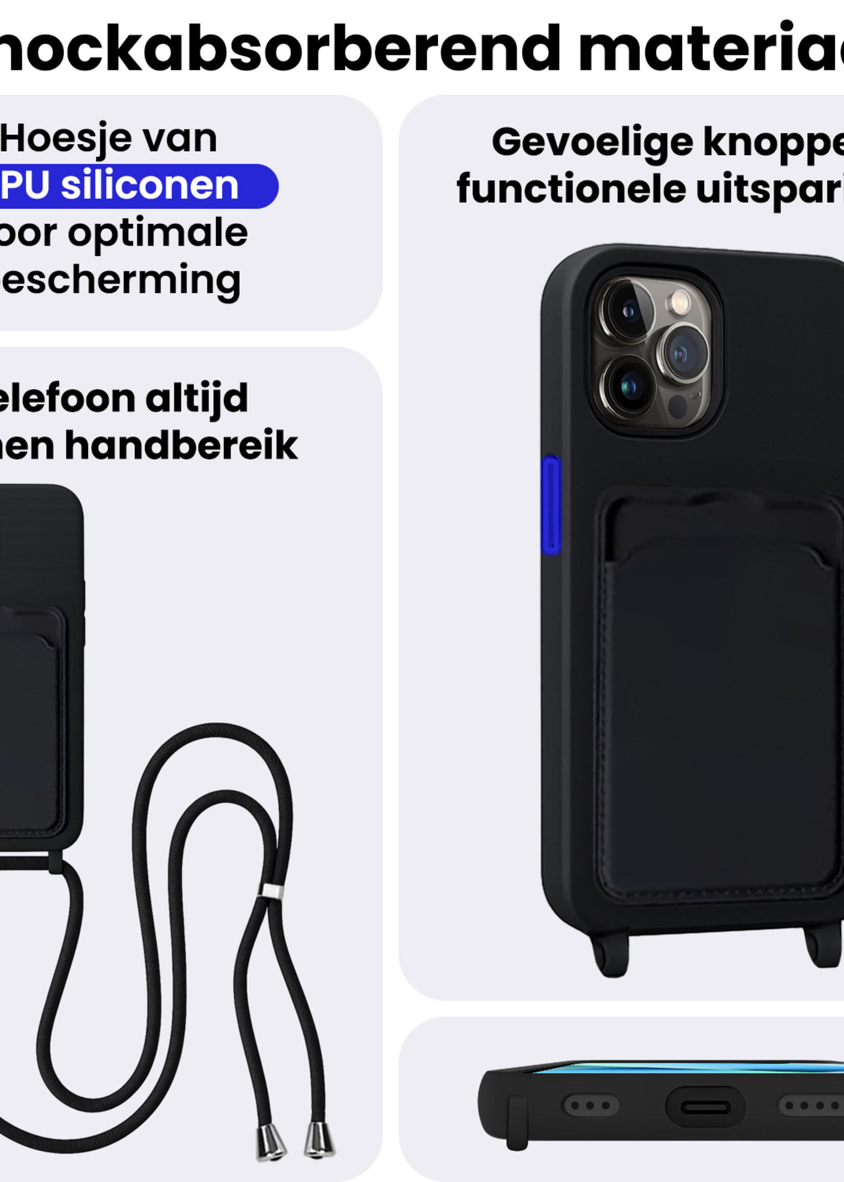 BTH BTH iPhone 13 Pro Max Hoesje Pashouder met Koord - Zwart