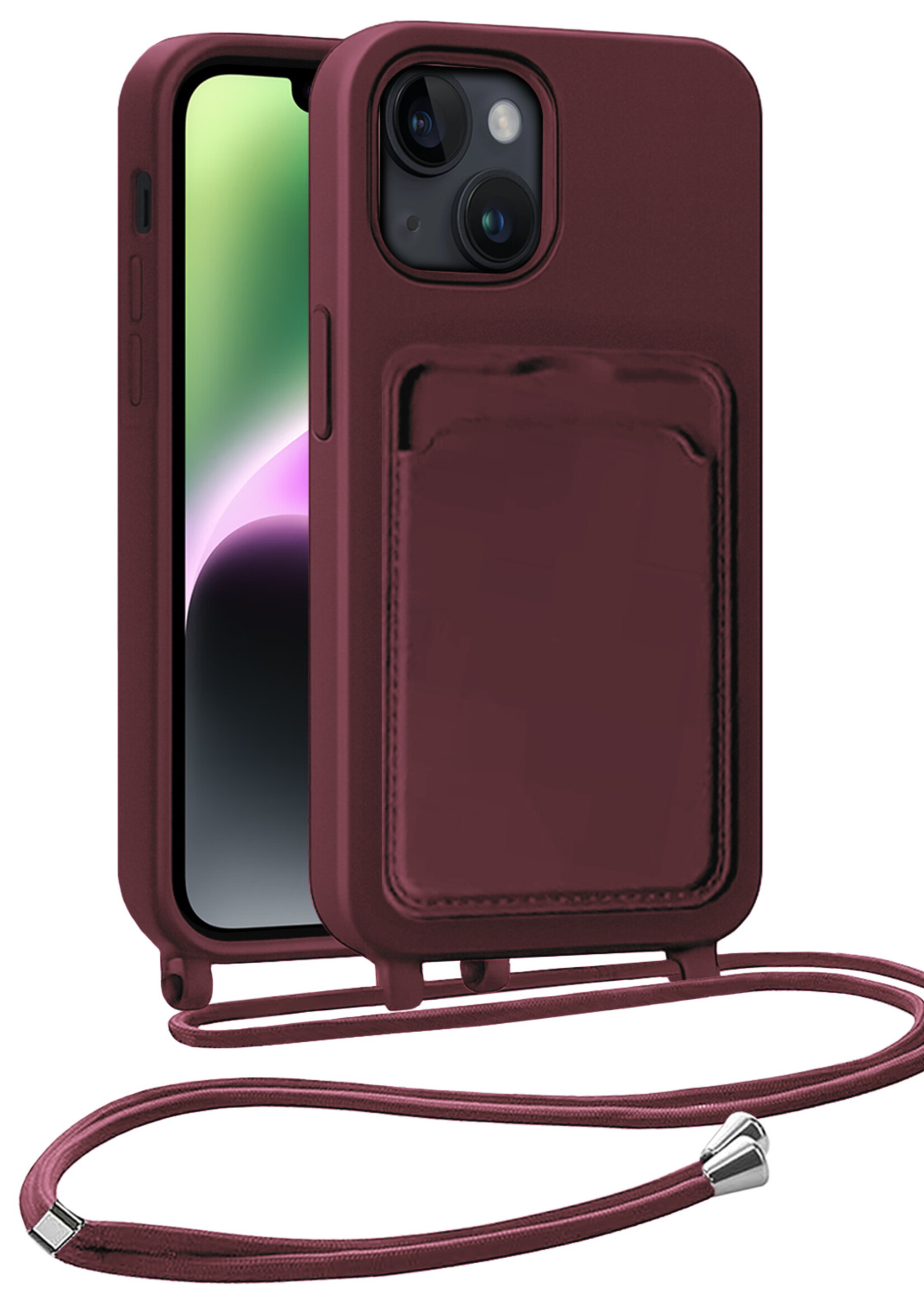 BTH BTH iPhone 14 Plus Hoesje Pashouder met Koord - Aubergine