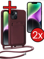 BTH BTH iPhone 14 Plus Hoesje Pashouder met Koord Met 2x Screenprotector - Aubergine