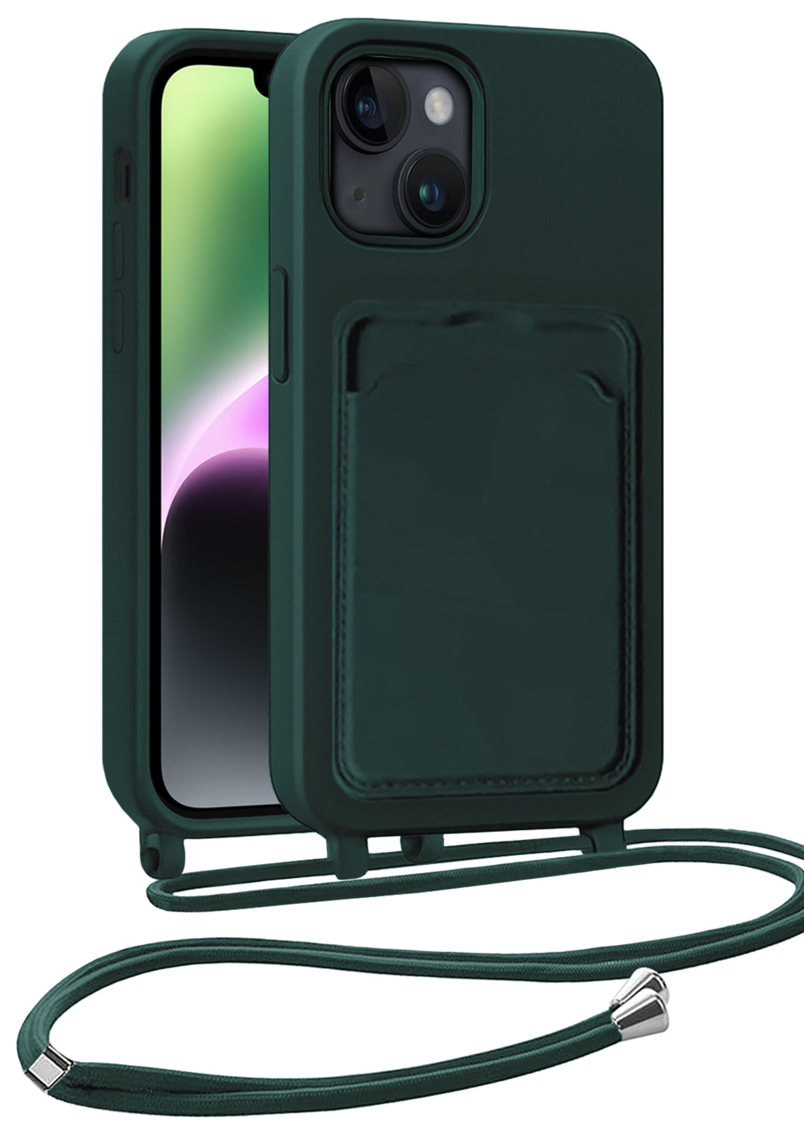 BTH BTH iPhone 14 Plus Hoesje Pashouder met Koord - Donkergroen