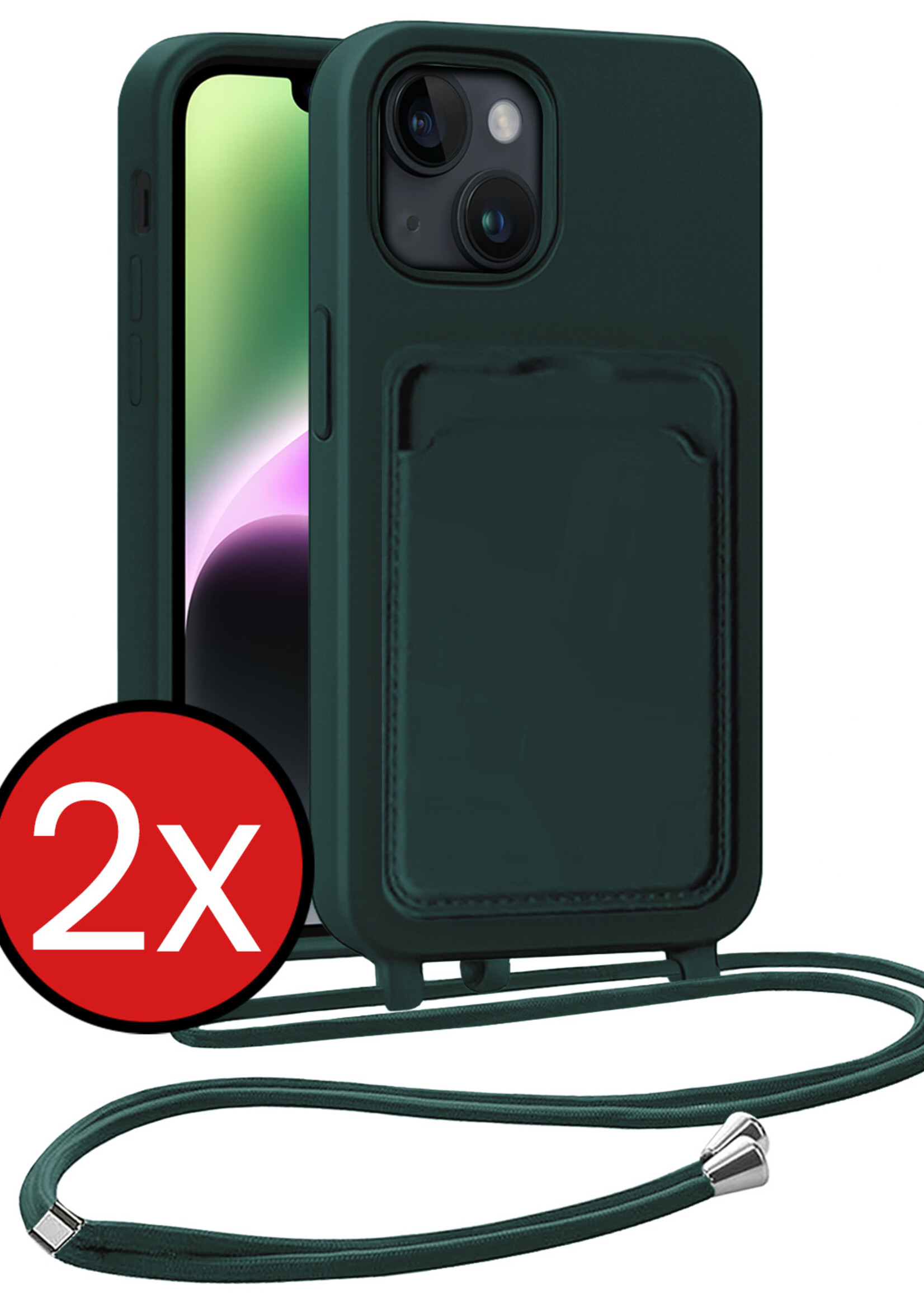 BTH BTH iPhone 14 Plus Hoesje Pashouder met Koord - Donkergroen - 2 PACK