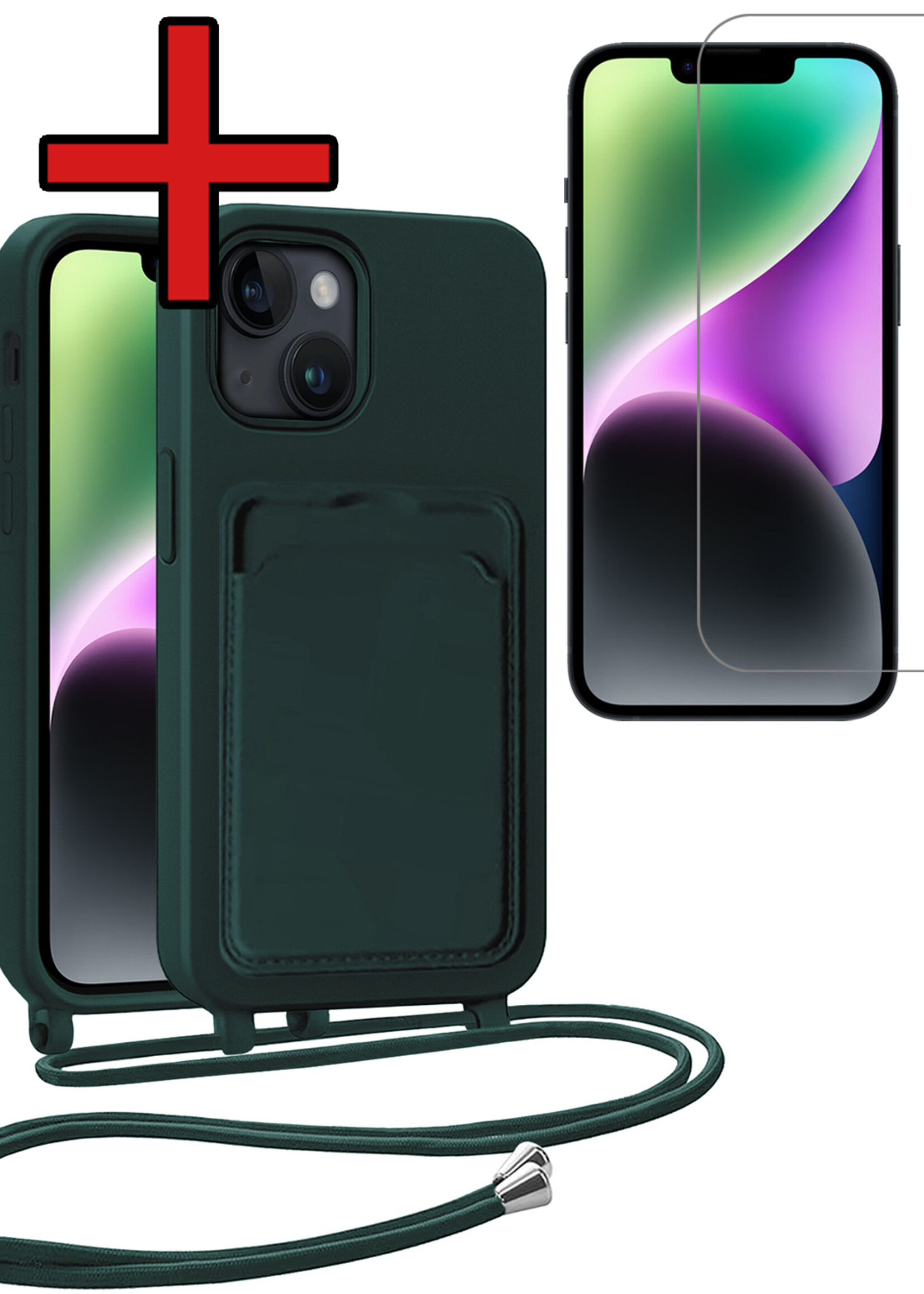 BTH BTH iPhone 14 Plus Hoesje Pashouder met Koord Met Screenprotector - Donkergroen