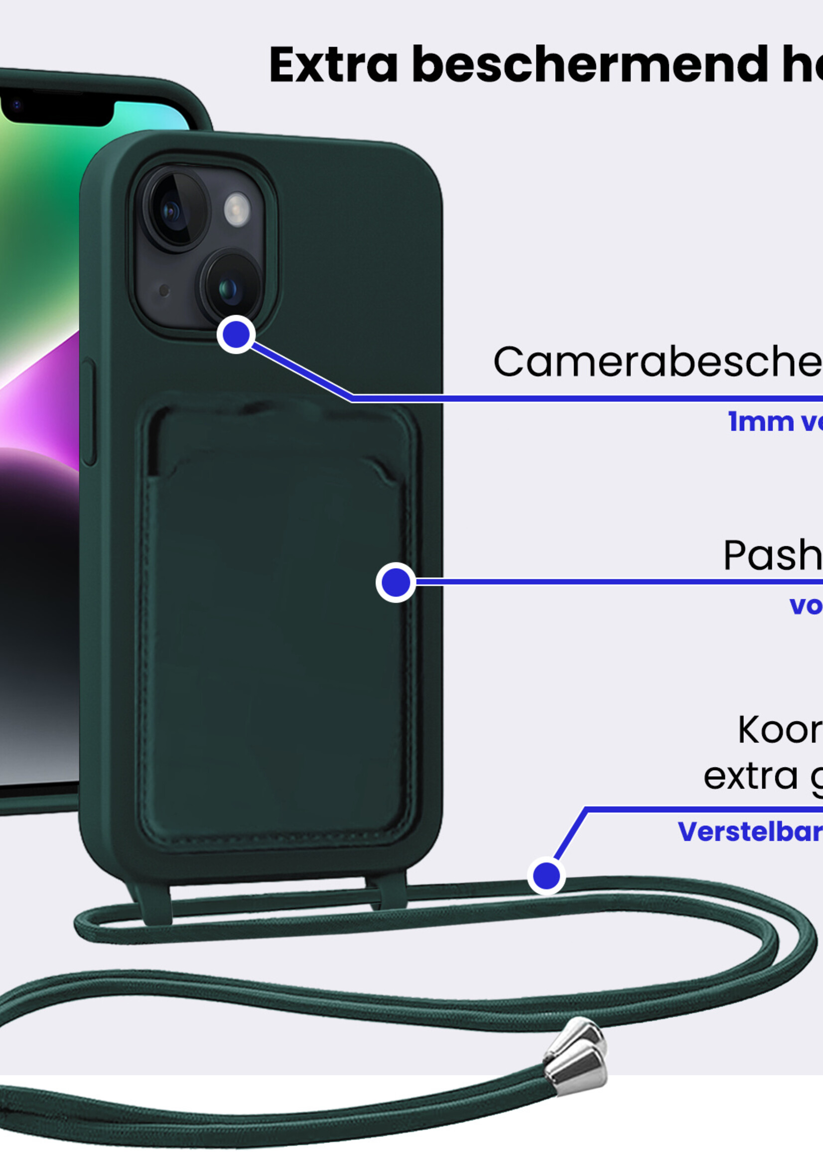 BTH BTH iPhone 14 Plus Hoesje Pashouder met Koord Met Screenprotector - Donkergroen