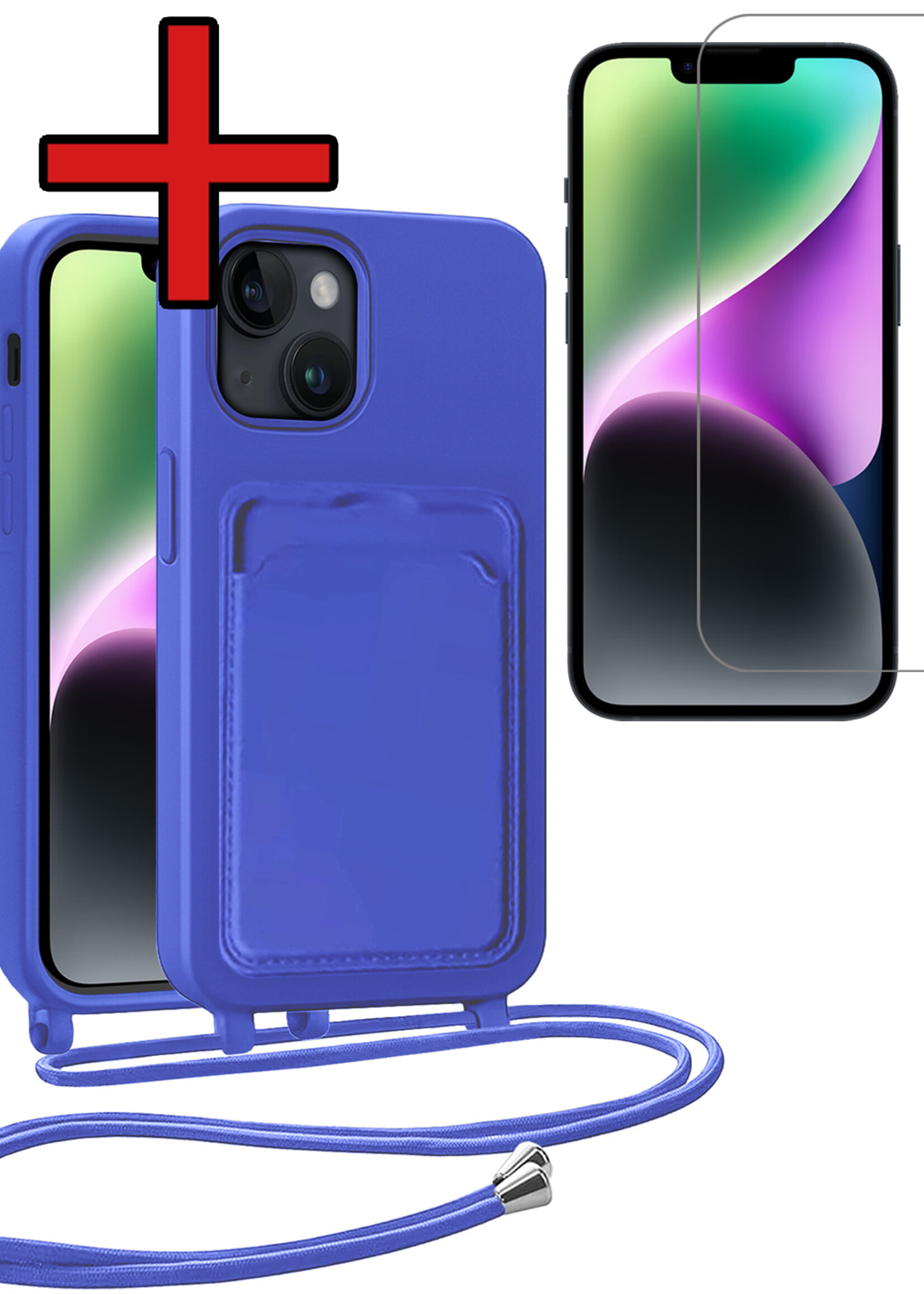 BTH BTH iPhone 14 Plus Hoesje Pashouder met Koord Met Screenprotector - Fel Blauw