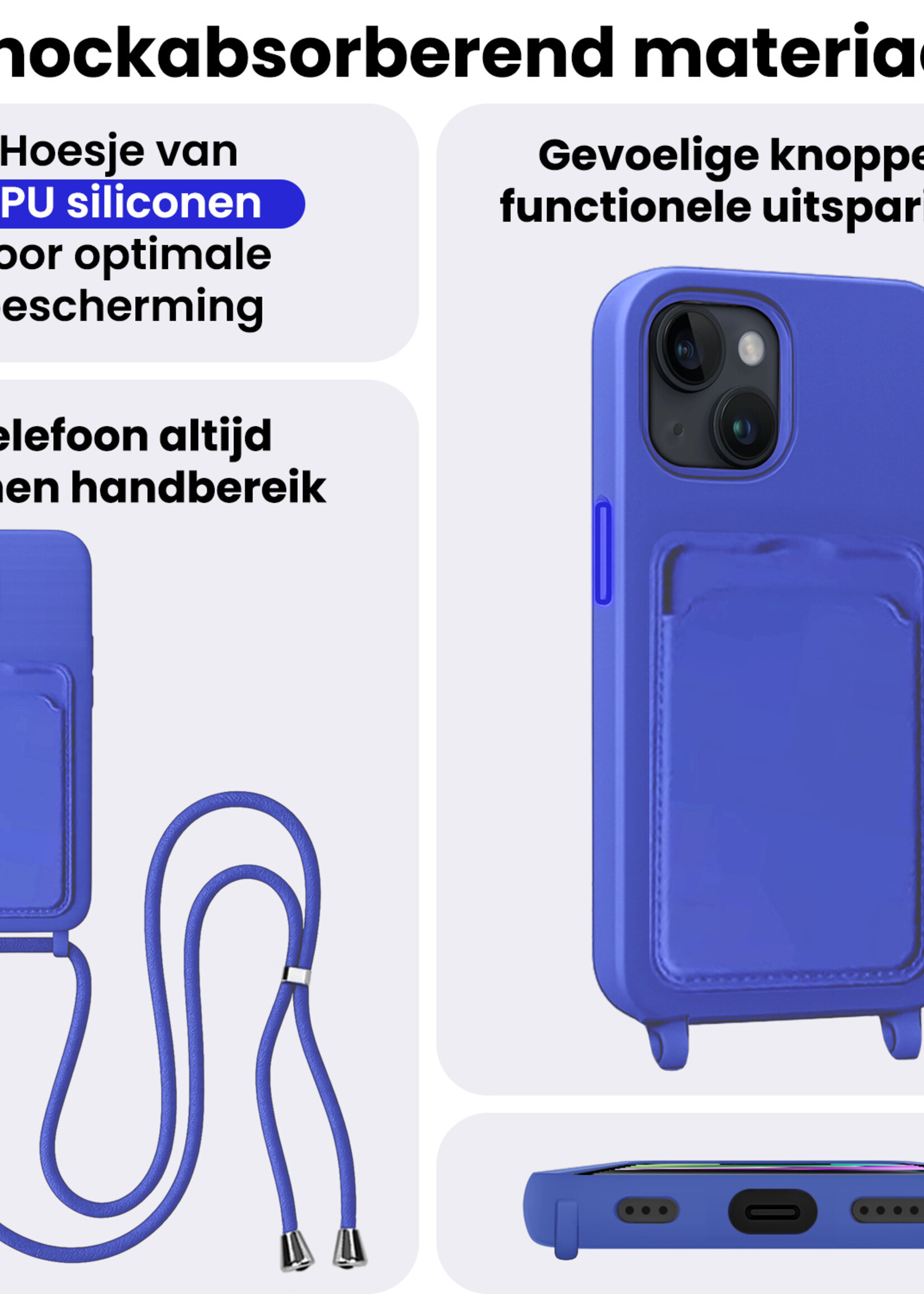 BTH BTH iPhone 14 Plus Hoesje Pashouder met Koord Met Screenprotector - Fel Blauw