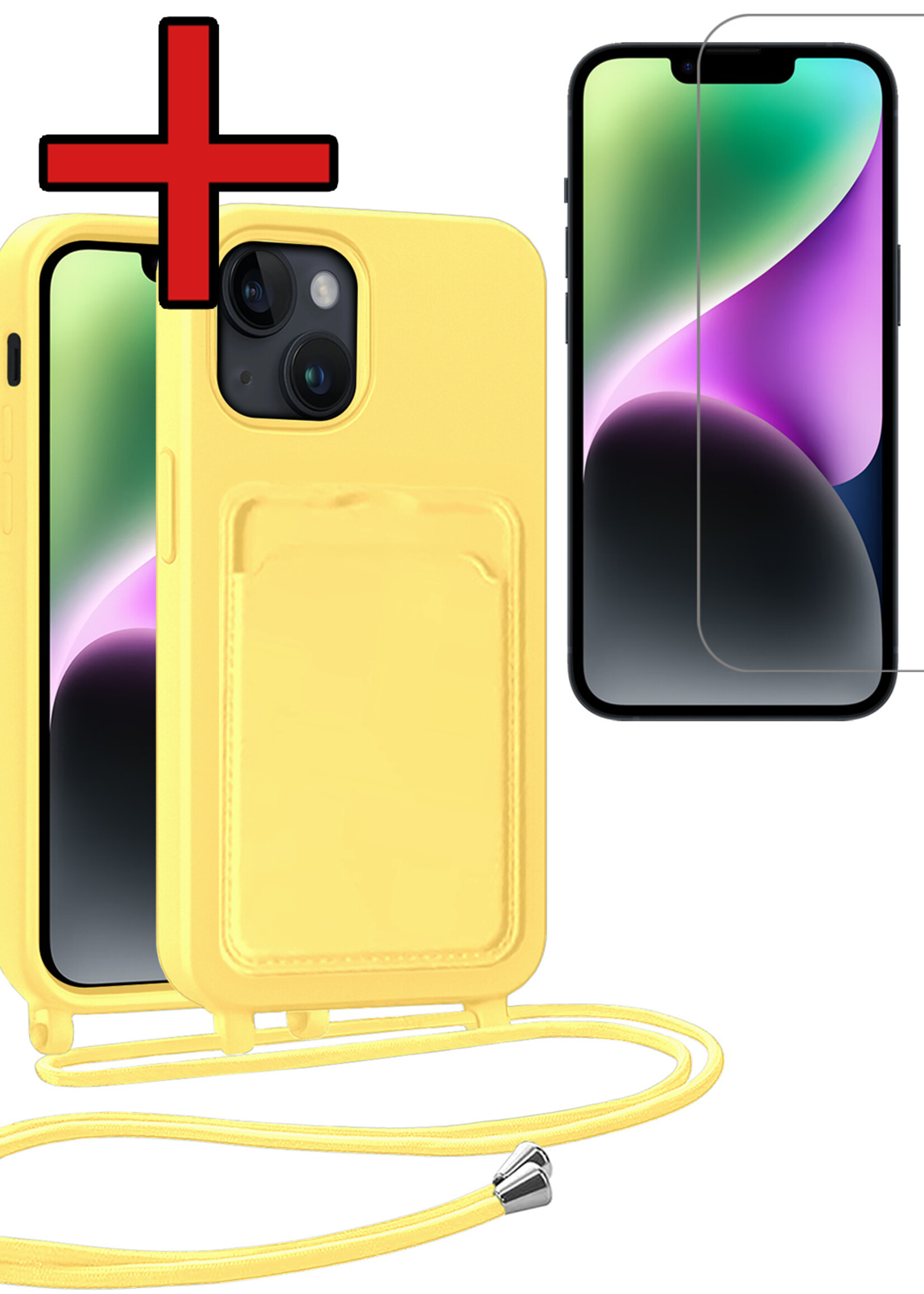BTH BTH iPhone 14 Plus Hoesje Pashouder met Koord Met Screenprotector - Geel
