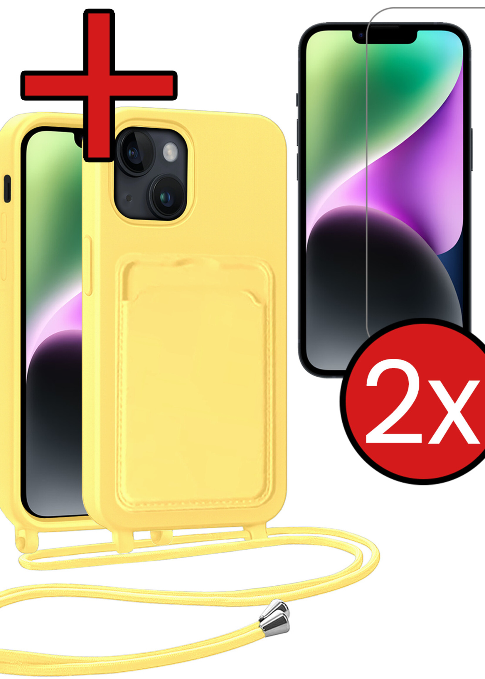 BTH BTH iPhone 14 Plus Hoesje Pashouder met Koord Met 2x Screenprotector - Geel