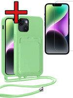 BTH BTH iPhone 14 Plus Hoesje Pashouder met Koord Met Screenprotector - Groen