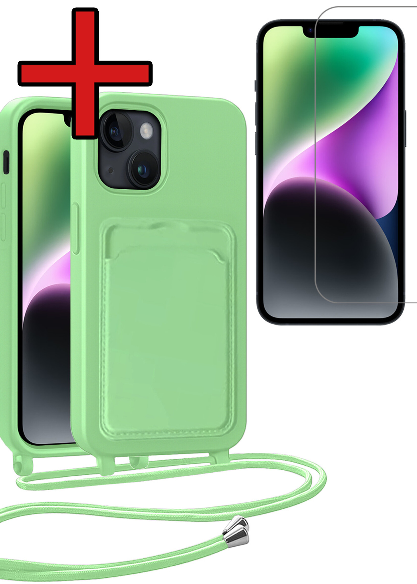 BTH BTH iPhone 14 Plus Hoesje Pashouder met Koord Met Screenprotector - Groen
