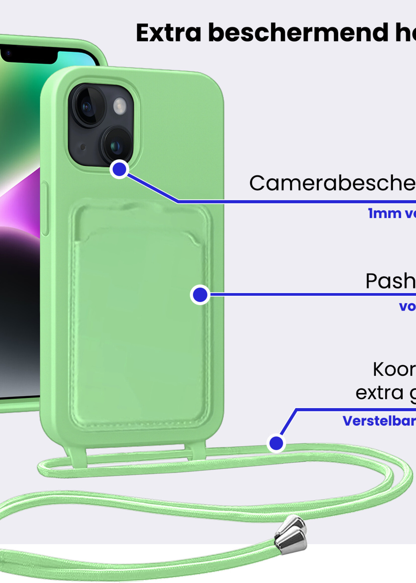 BTH BTH iPhone 14 Plus Hoesje Pashouder met Koord Met Screenprotector - Groen
