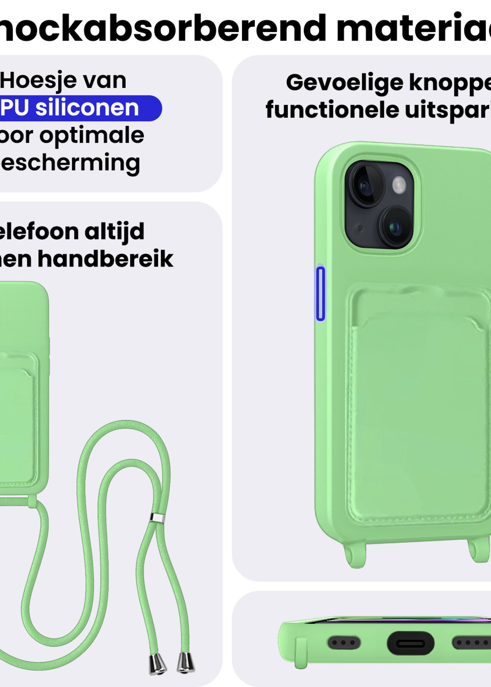 BTH BTH iPhone 14 Plus Hoesje Pashouder met Koord Met Screenprotector - Groen