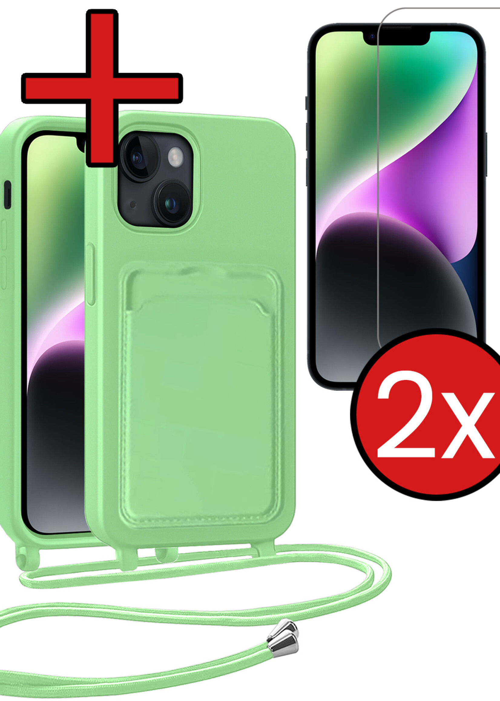 BTH BTH iPhone 14 Plus Hoesje Pashouder met Koord Met 2x Screenprotector - Groen