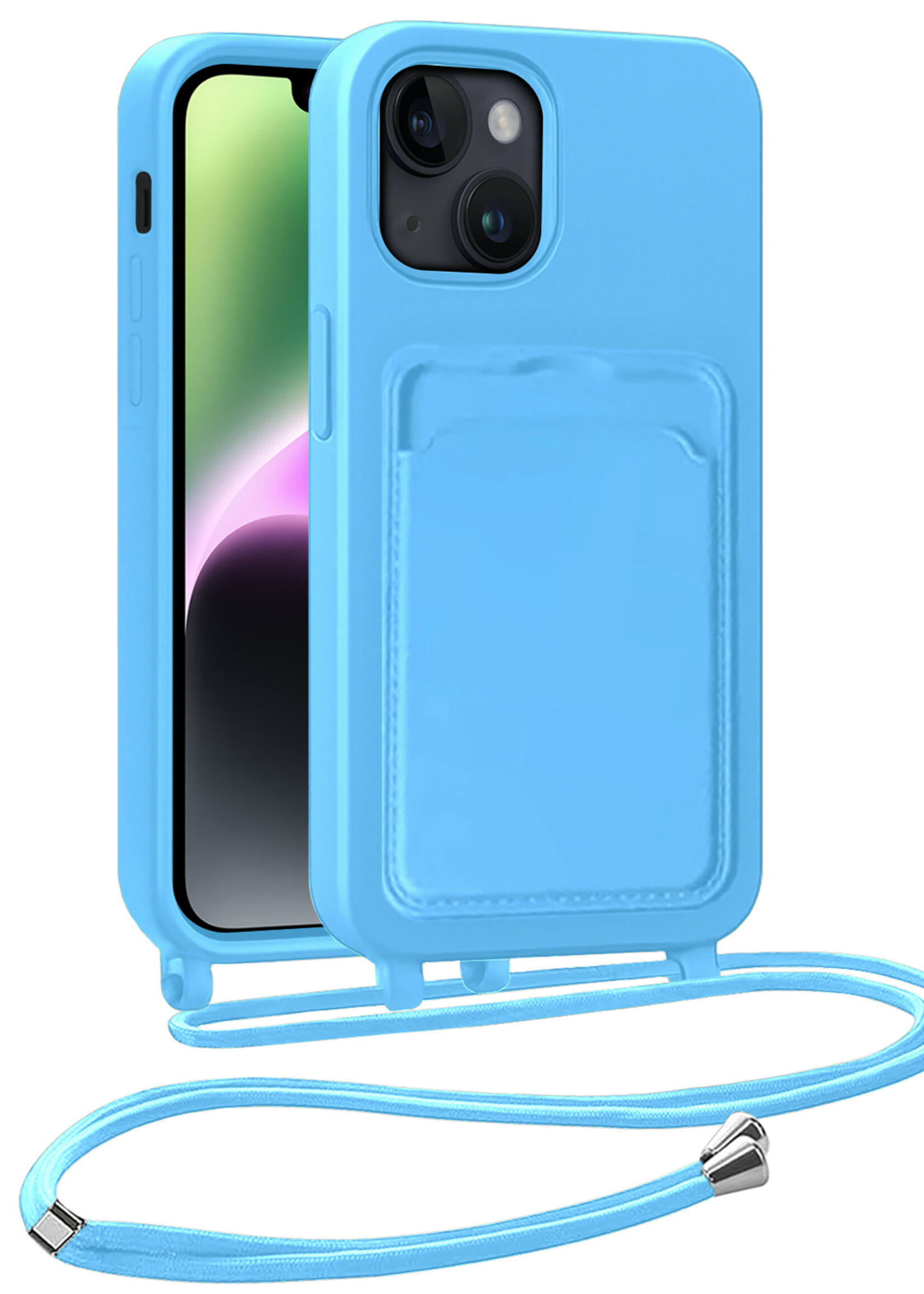 BTH BTH iPhone 14 Plus Hoesje Pashouder met Koord - Lichtblauw