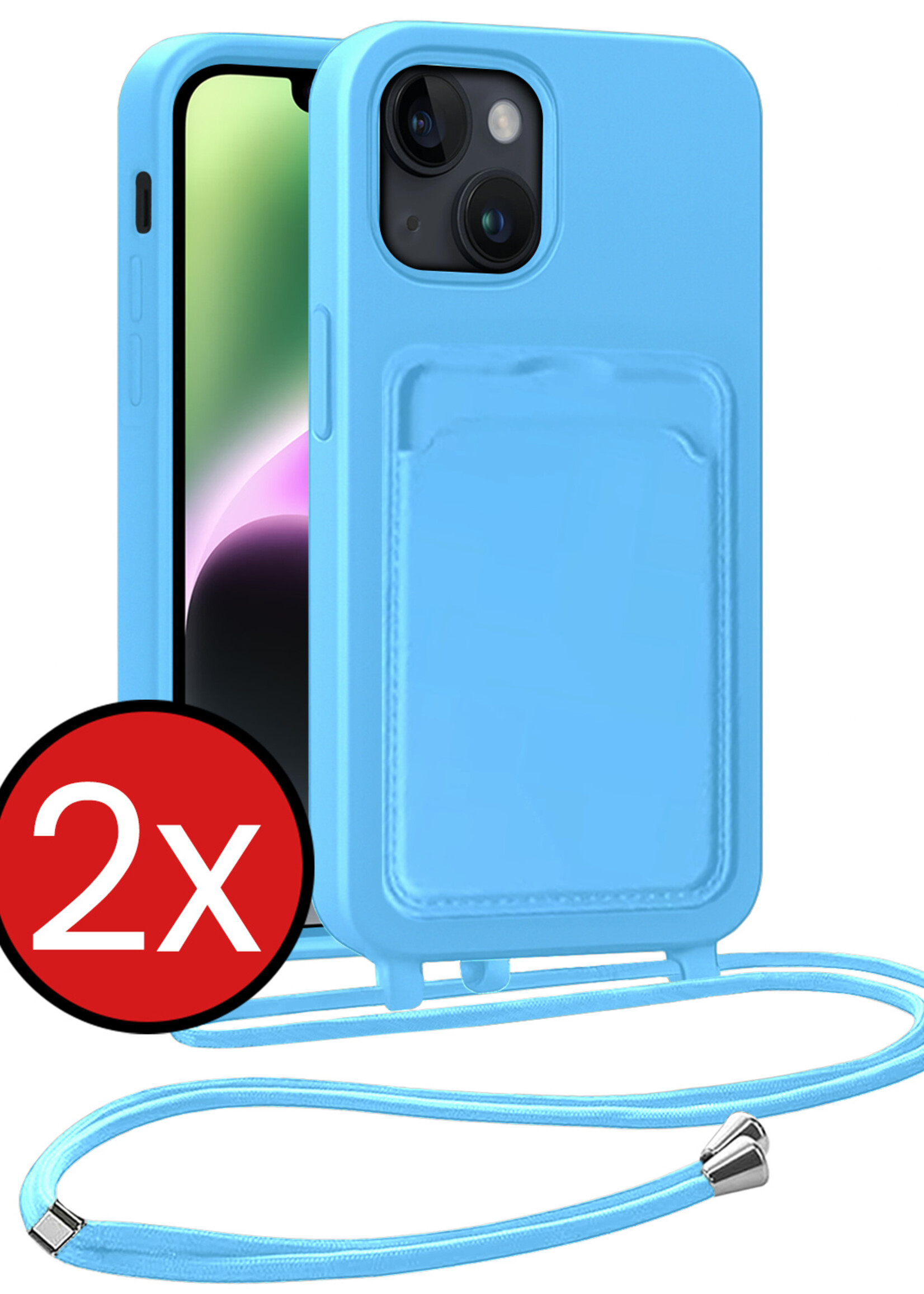 BTH BTH iPhone 14 Plus Hoesje Pashouder met Koord - Lichtblauw - 2 PACK
