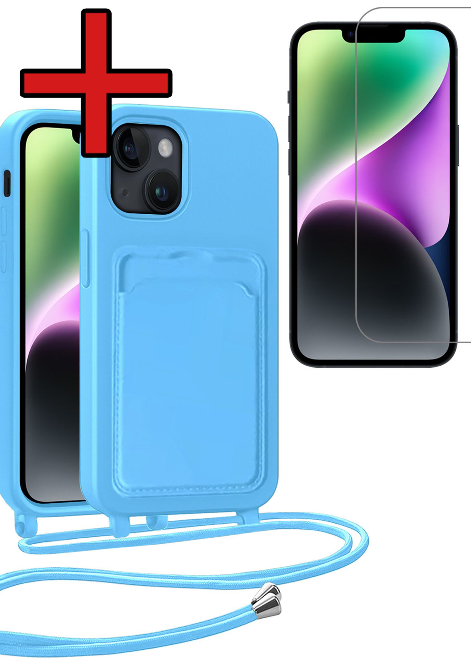 BTH BTH iPhone 14 Plus Hoesje Pashouder met Koord Met Screenprotector - Lichtblauw