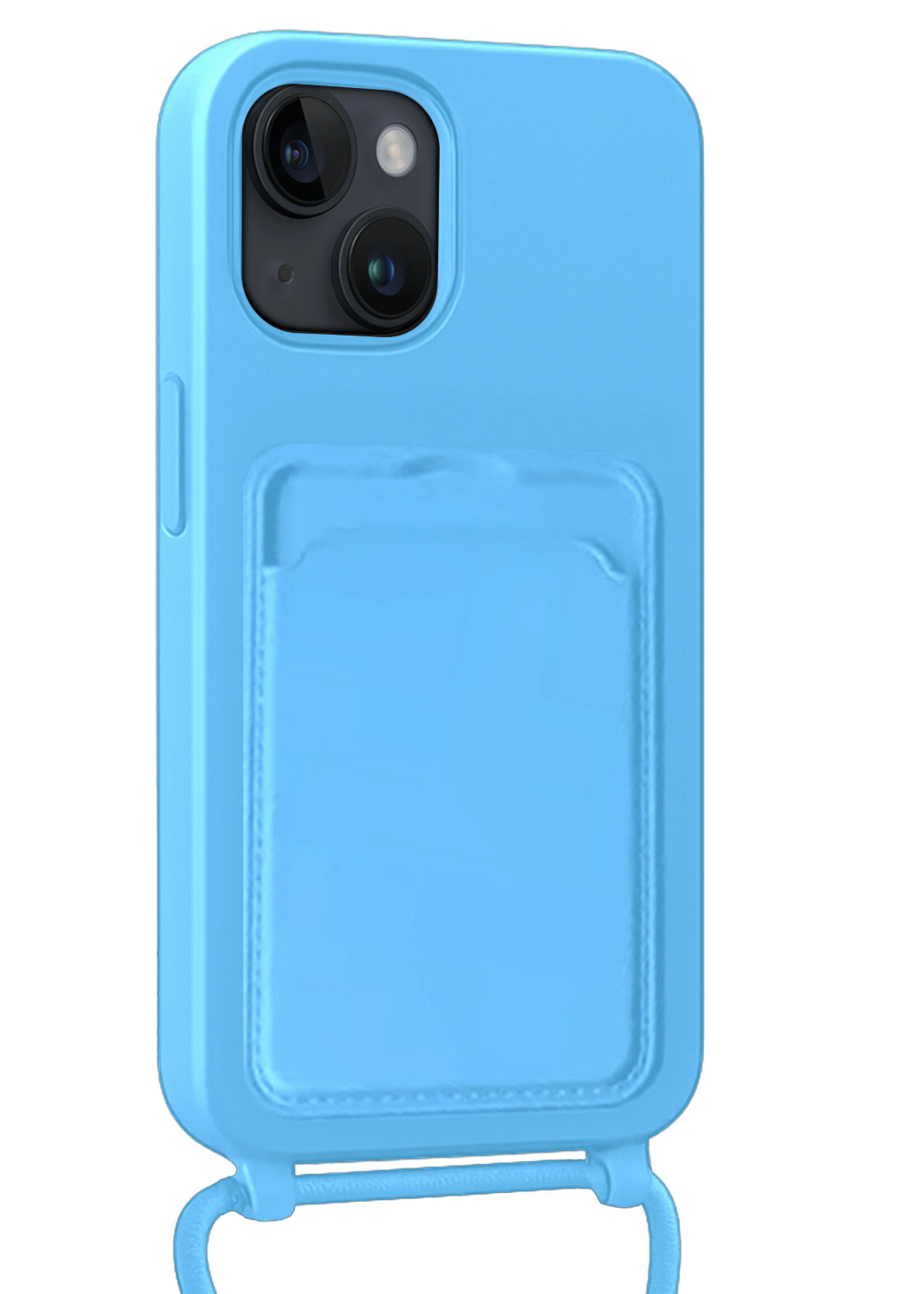 BTH BTH iPhone 14 Plus Hoesje Pashouder met Koord Met Screenprotector - Lichtblauw