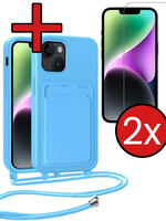 BTH BTH iPhone 14 Plus Hoesje Pashouder met Koord Met 2x Screenprotector - Lichtblauw