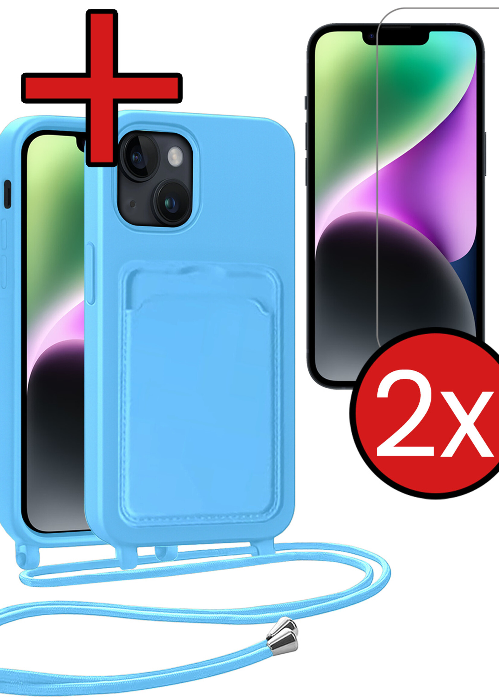 BTH BTH iPhone 14 Plus Hoesje Pashouder met Koord Met 2x Screenprotector - Lichtblauw