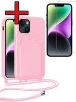 BTH BTH iPhone 14 Plus Hoesje Pashouder met Koord Met Screenprotector - Lichtroze