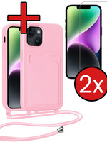 BTH BTH iPhone 14 Plus Hoesje Pashouder met Koord Met 2x Screenprotector - Lichtroze
