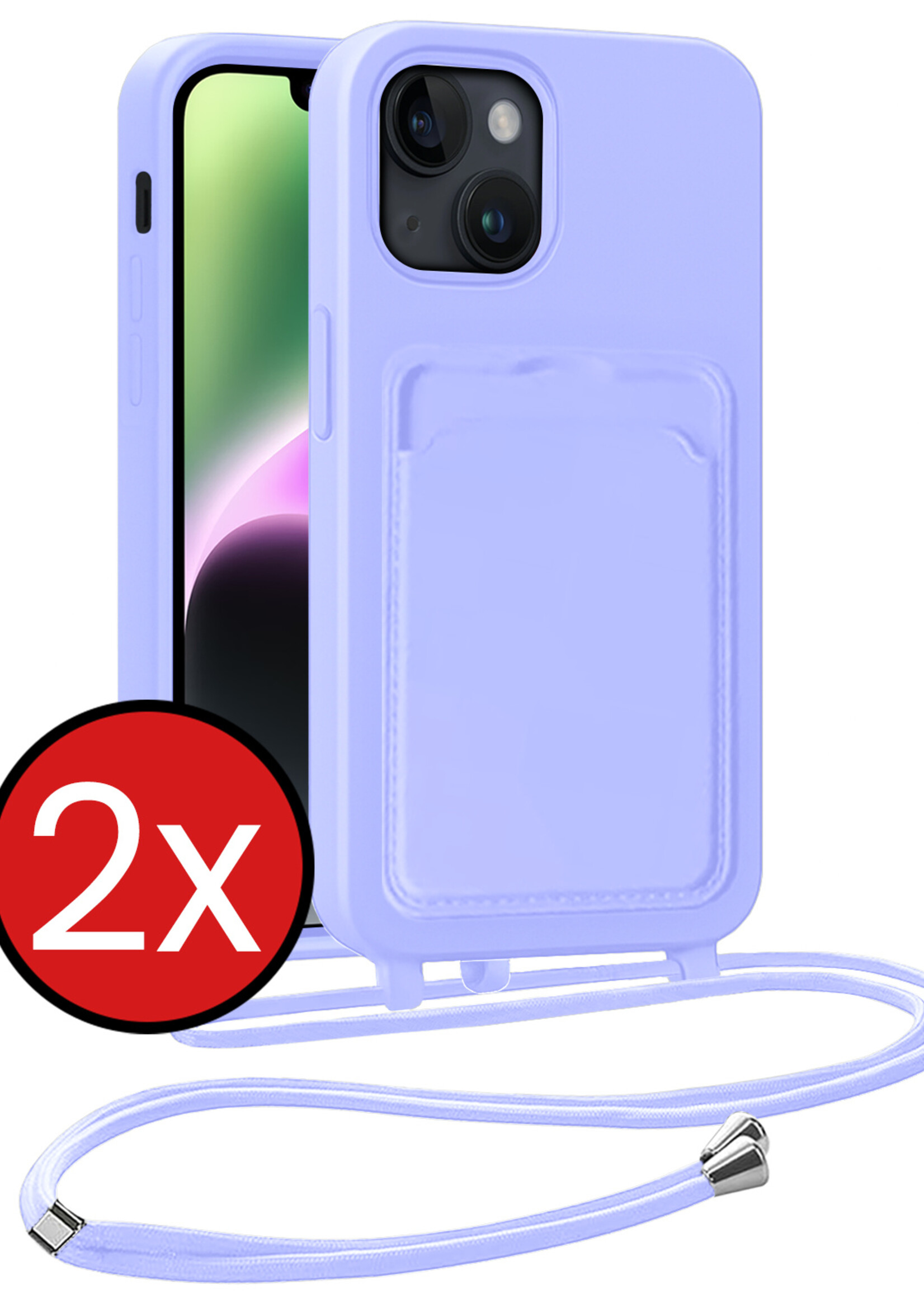 BTH BTH iPhone 14 Plus Hoesje Pashouder met Koord - Lila - 2 PACK